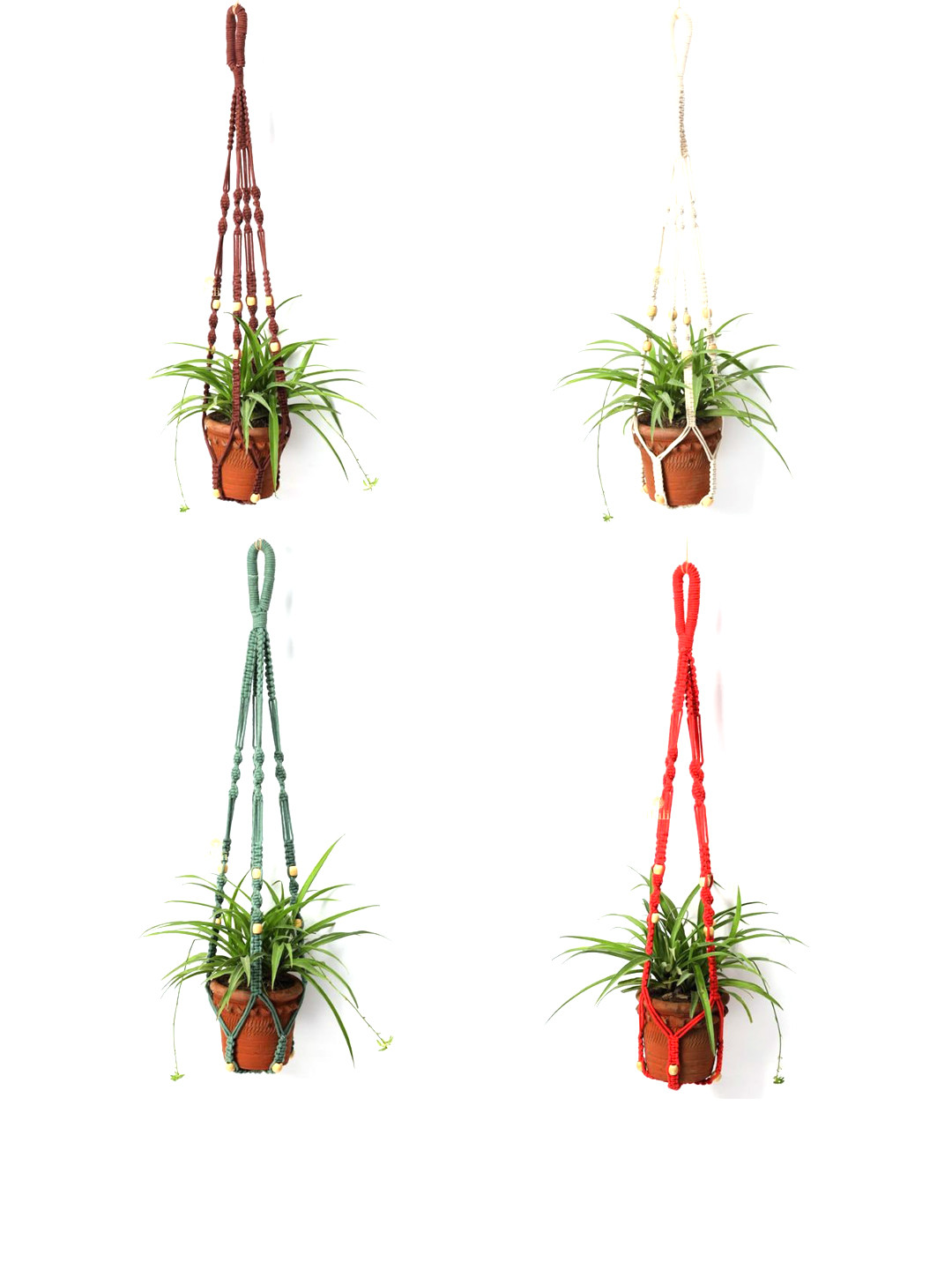 DULI 4-Pcs Brown & Red Macrame Boho Hanging Planters