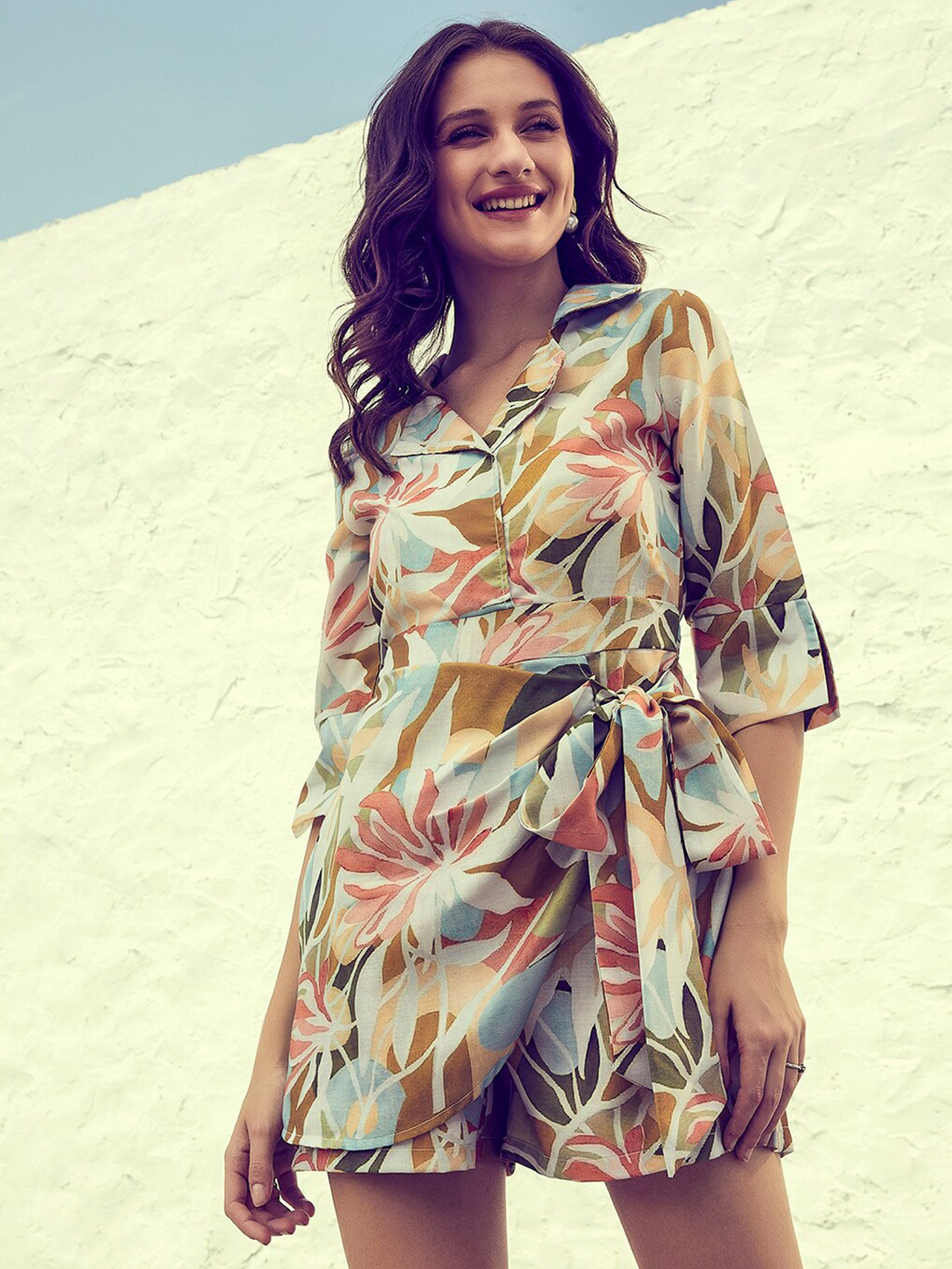 Athena Cream-Coloured & Teal Linen Printed Jumpsuit