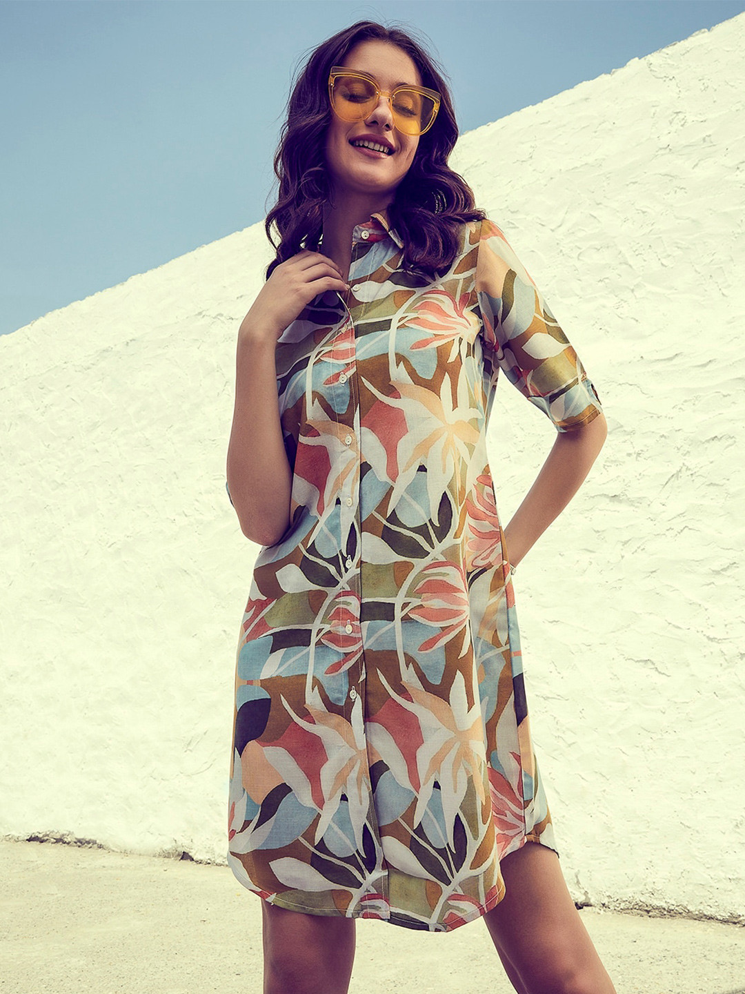 Athena Green & Brown Floral Printed Cotton Linen Shirt Dress