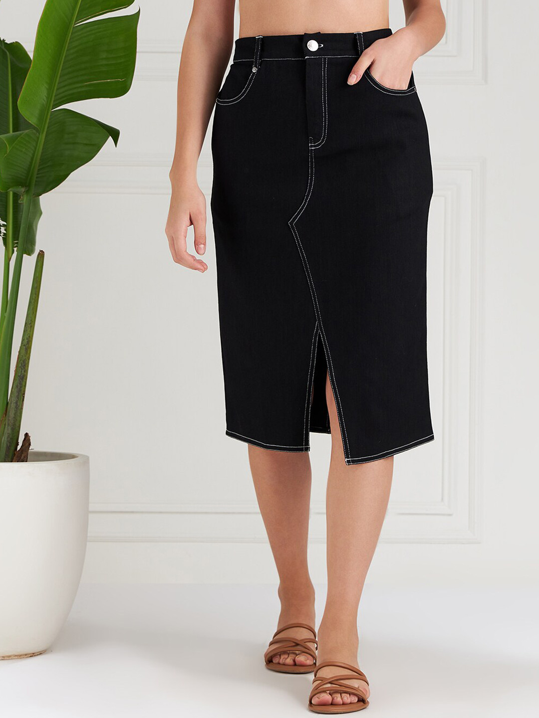 Athena Women Black Denim Front-Slit Knee-Length A-Line Skirt