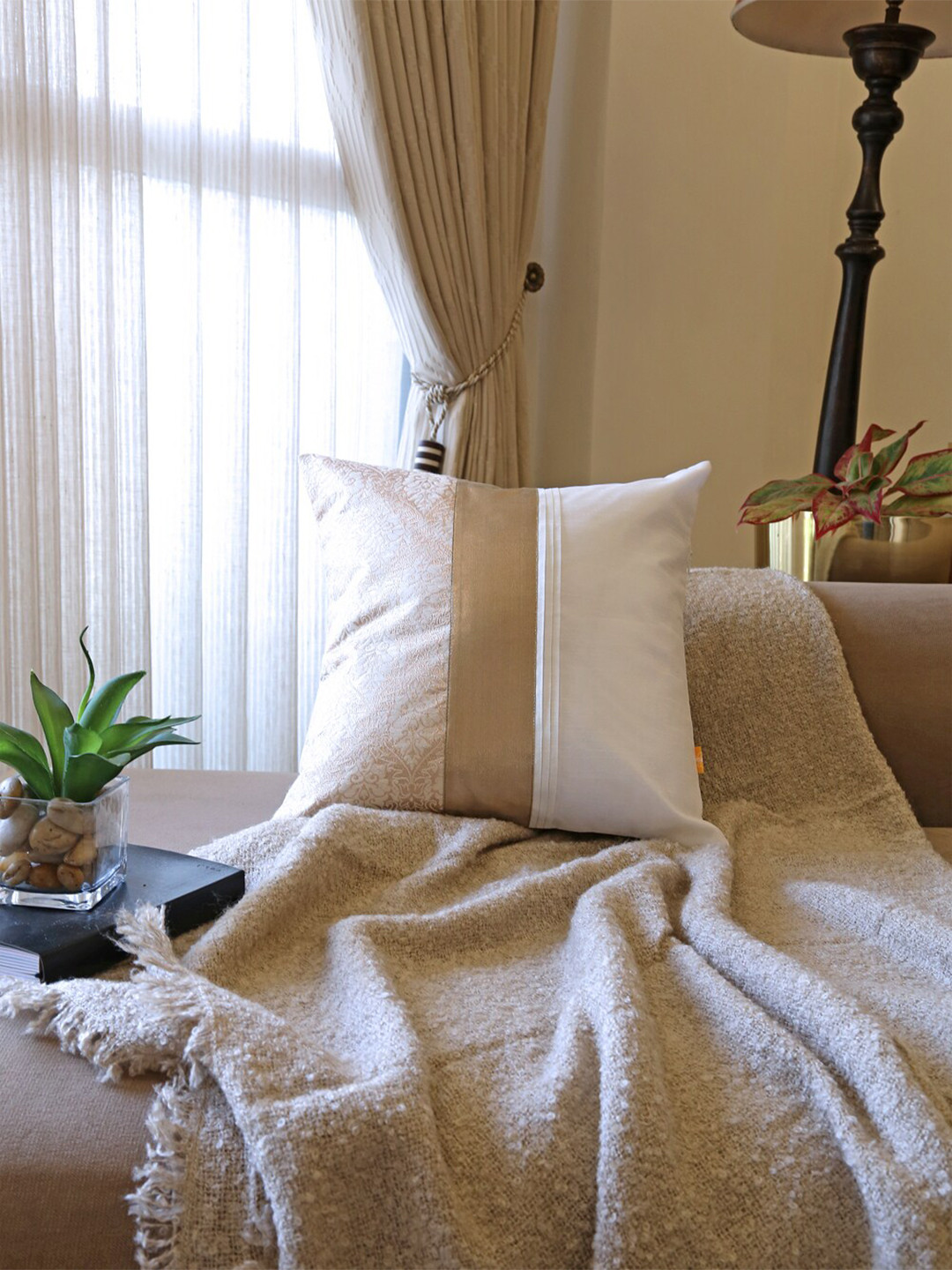 ANS Off White Ethnic Motifs Polyester Silk Durable Textured Square Cushion Cover -16x16In