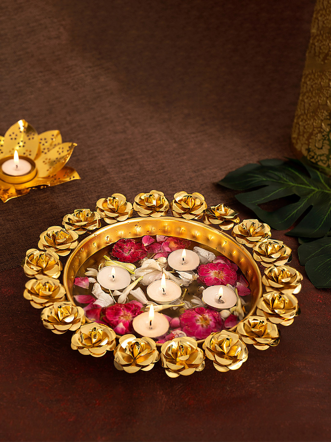 DecorTwist Gold-Toned Brass Rose Urli Bowl