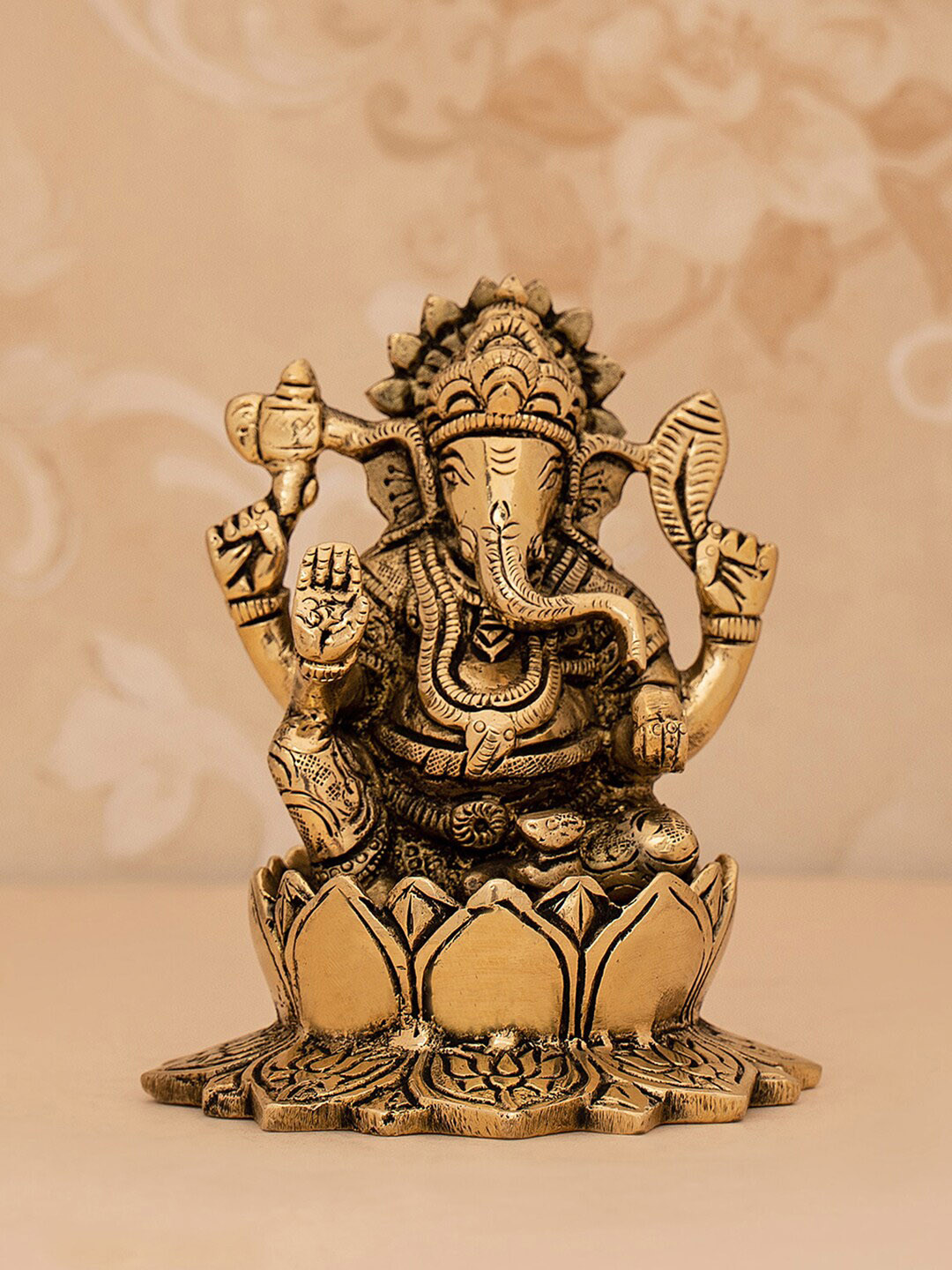 DecorTwist Sitting Ganesha on Lotus Metallic Brass Prayer Room Hand-Crafted Medium Showpiece - 4.7 Inches