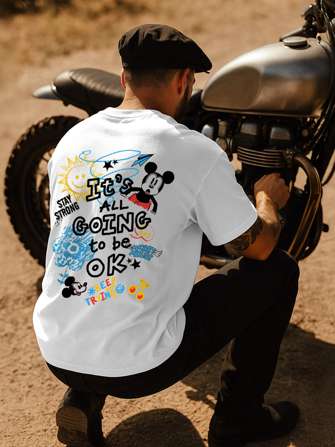 VEIRDO White Disney Mickey Mouse Printed Cotton Oversized T-shirt