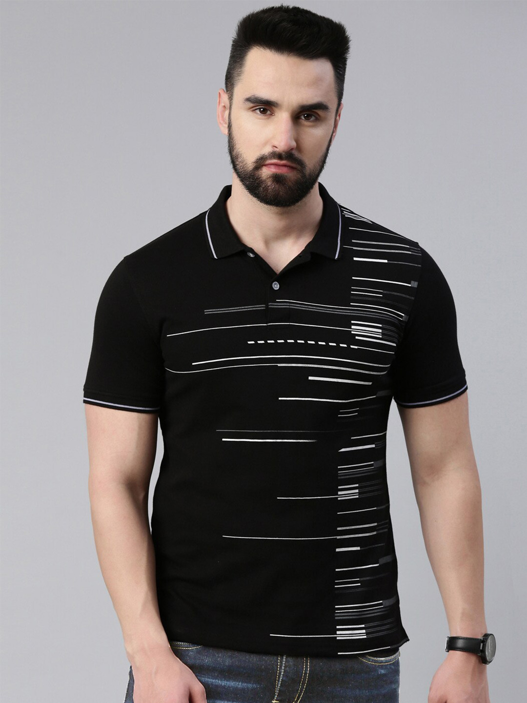 Metronaut Horizontal Striped Polo Collar Cotton T-shirt