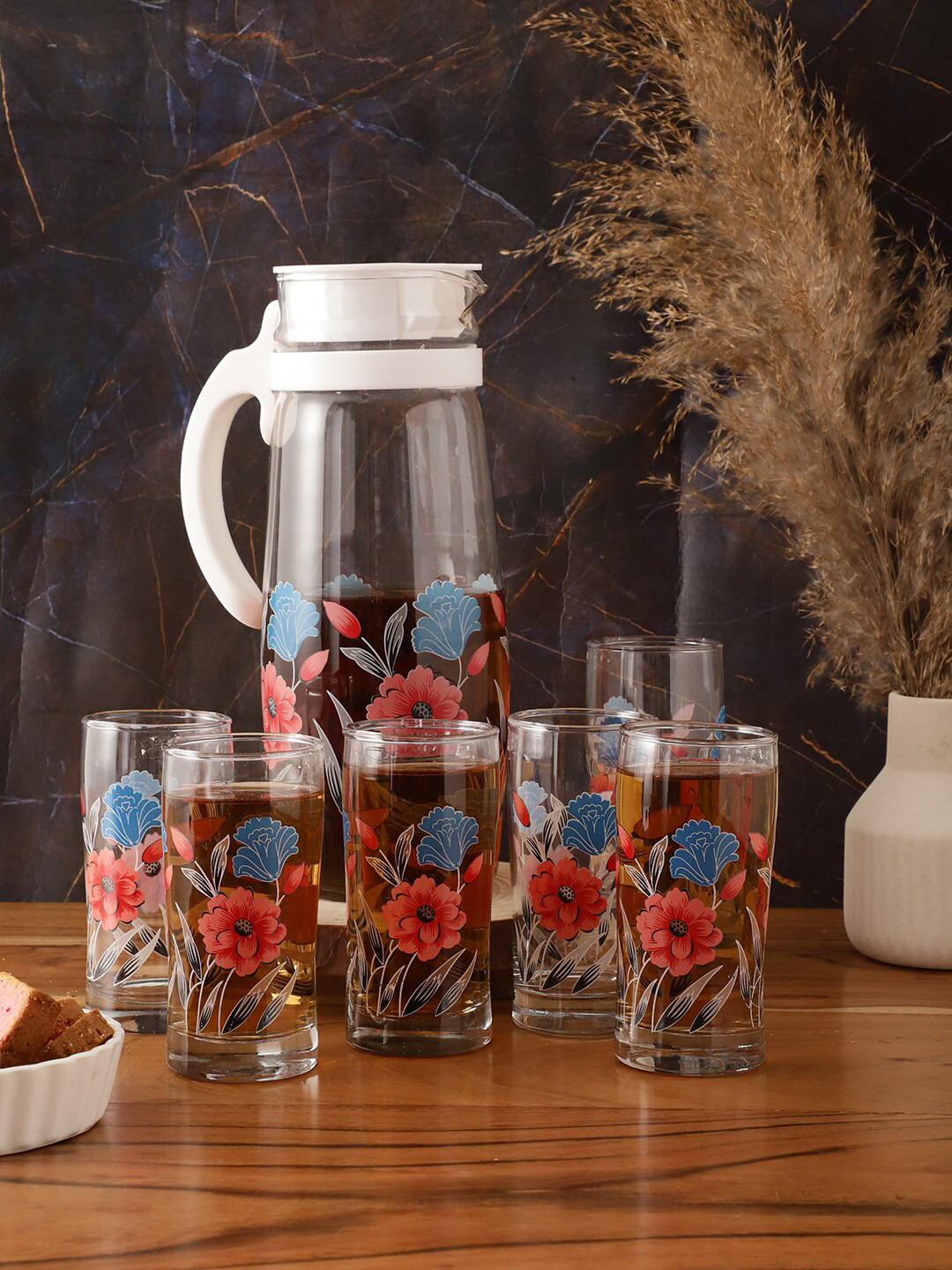 ceradeco 7 PC Transparent & Red Printed Glasses With Jug