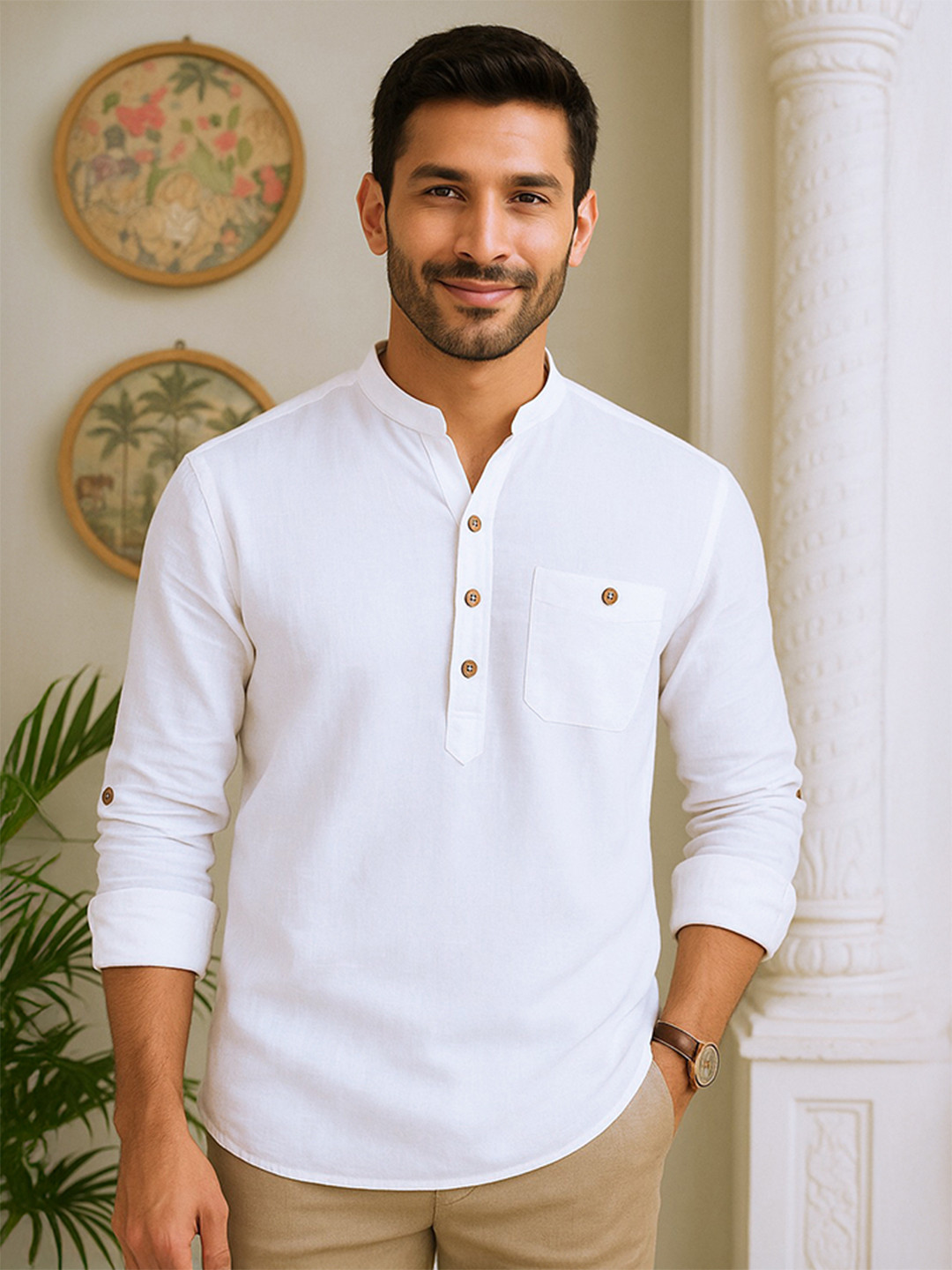 KINGDOM OF WHITE Mandarin Collar Pure Cotton Stay White Short Kurta