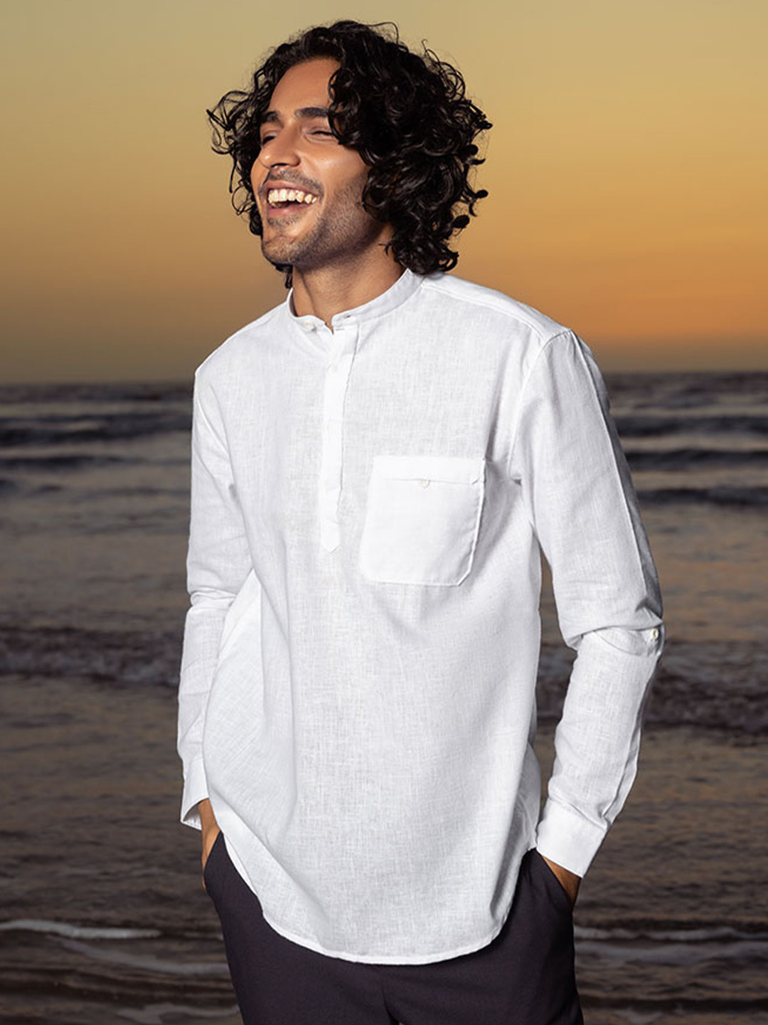 KINGDOM OF WHITE Band Collar Pure Cotton Short Kurta