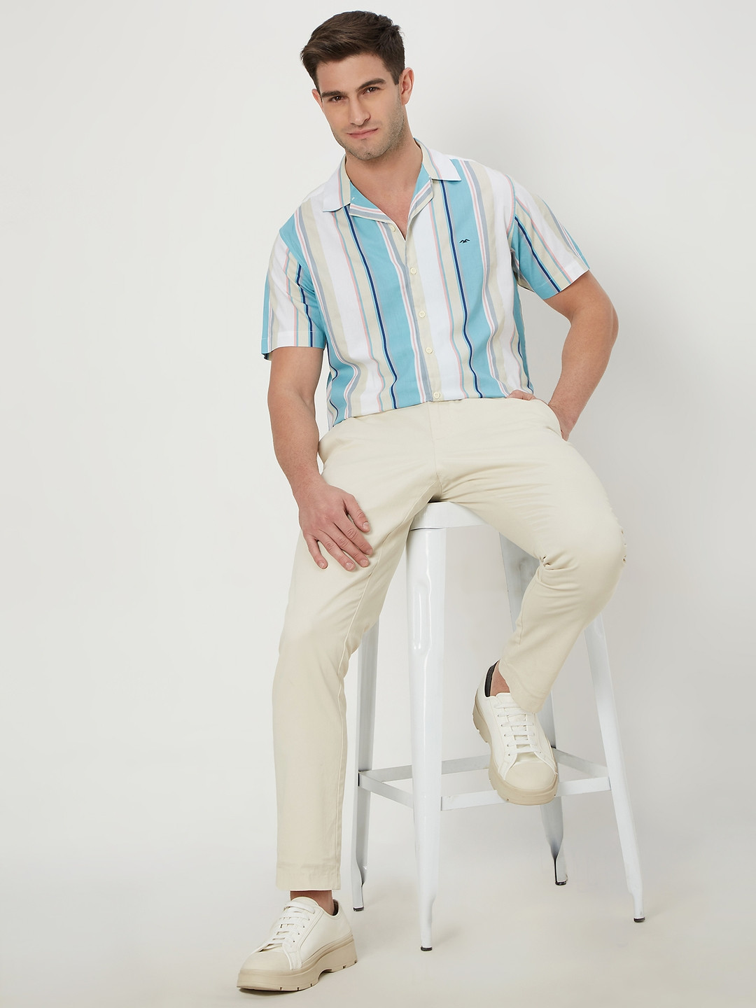 Mufti Slim Fit Multi Stripes Cotton Linen Casual Shirt