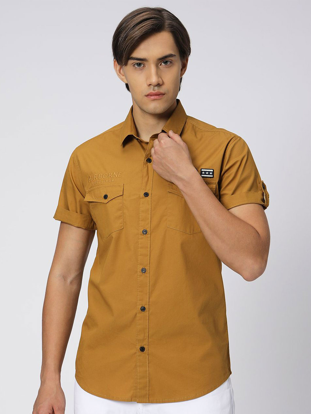 Mufti Slim Fit Spread Collar Applique Casual Shirt