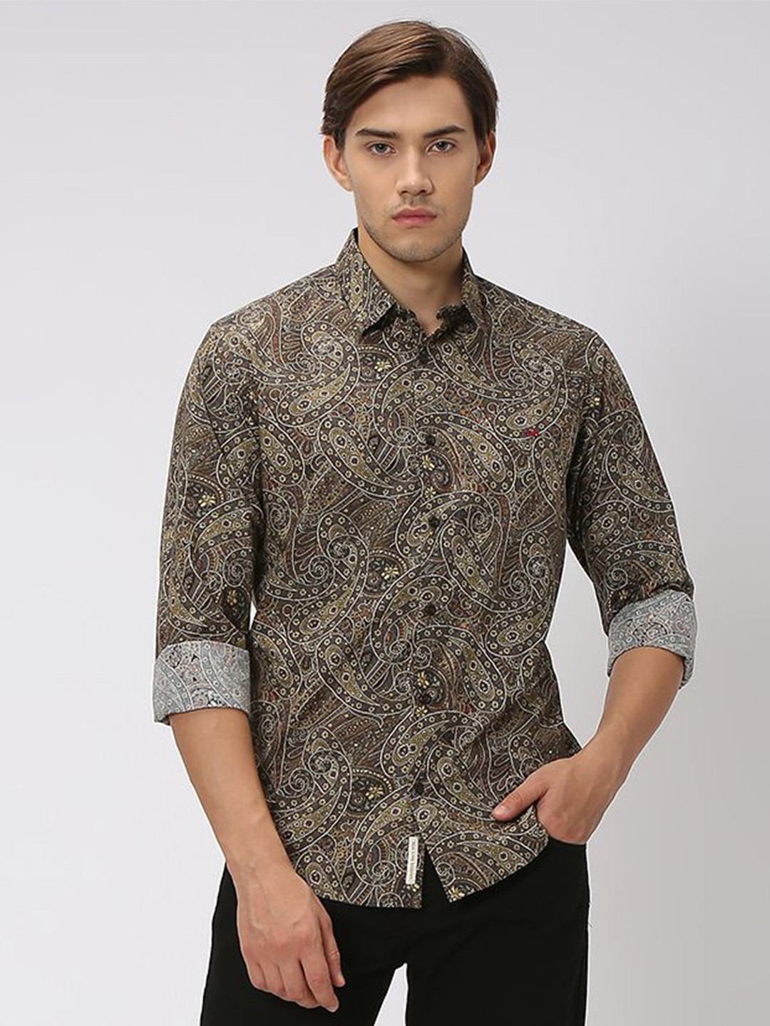 Mufti Slim Fit Floral Printed Cotton Linen Shirt