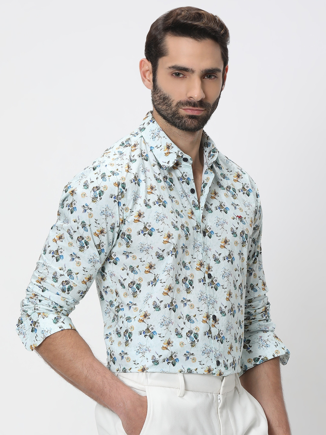 Mufti Slim Fit Floral Printed Casual Cotton Linen Shirt