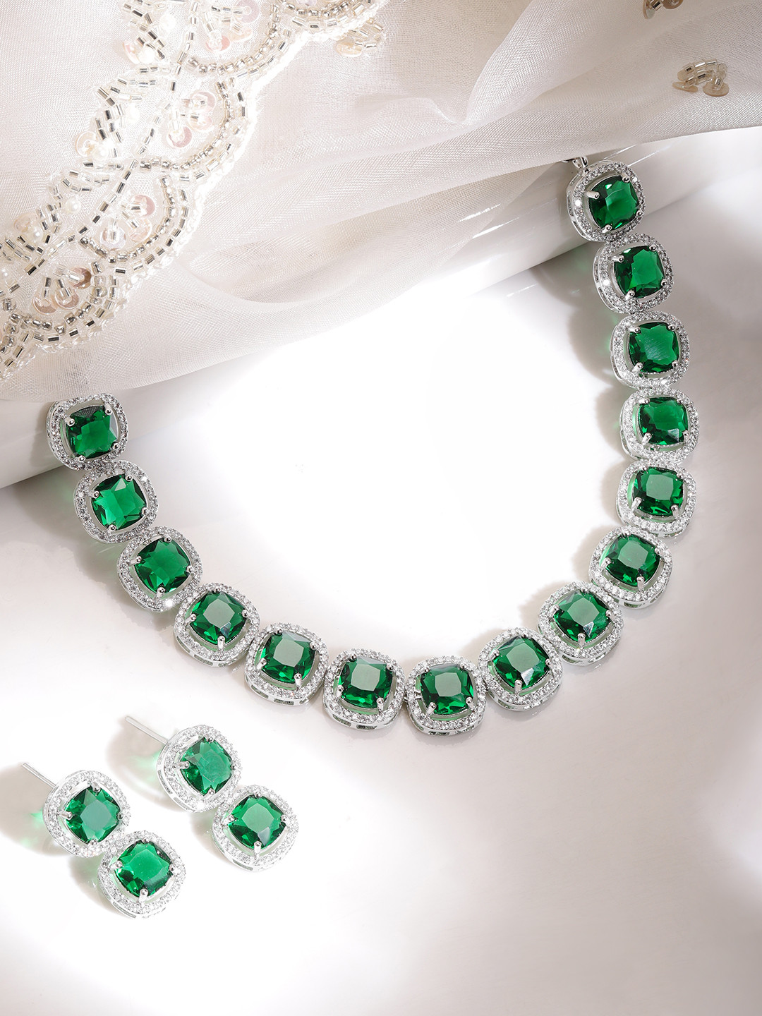 Rubans Rhodium-Plated Emerald Green & Cubic Zirconia Studded Jewelry Set