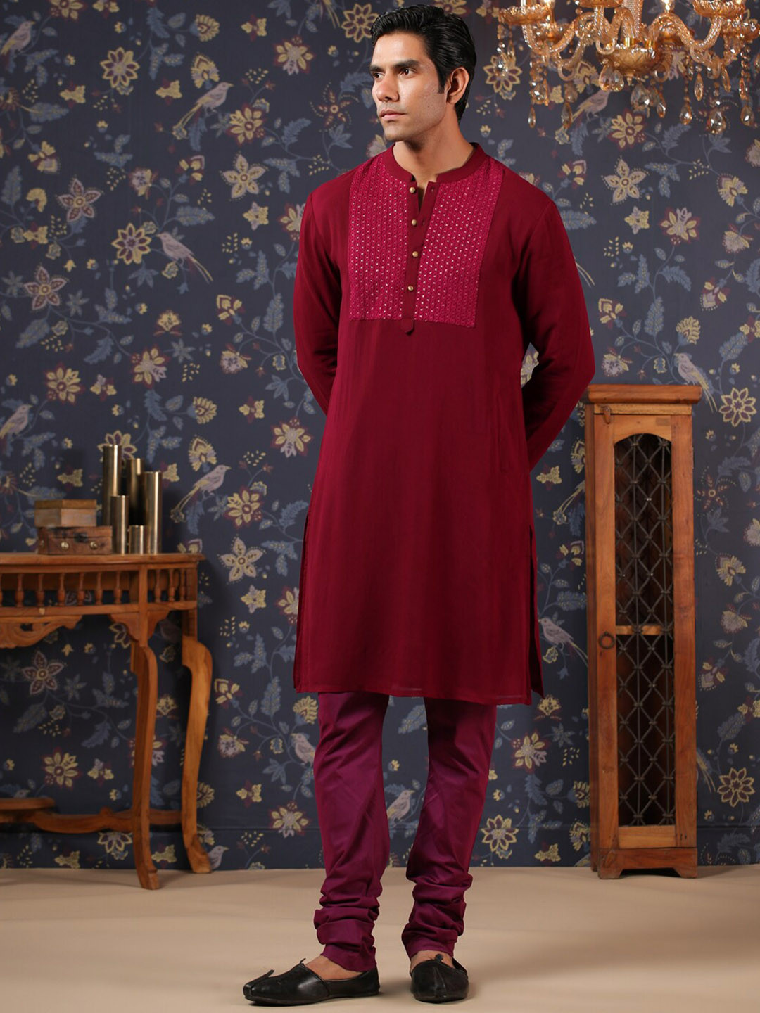 House of Pataudi Ethnic Yoke Design Thread Work Sequined Georgette Kurta With Churidar