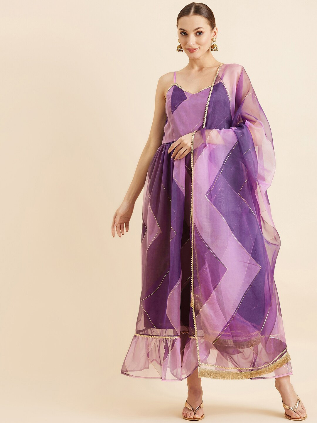 PANIT Purple Geometric Printed Gota Patti Organza A-Line Ethnic Dress With Dupatta