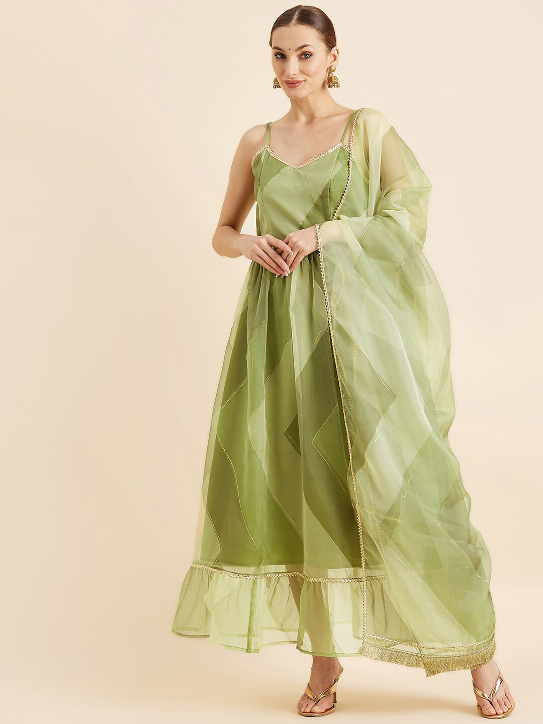 PANIT Green Geometric Printed Gota Patti Organza A-Line Ethnic Dress With Dupatta