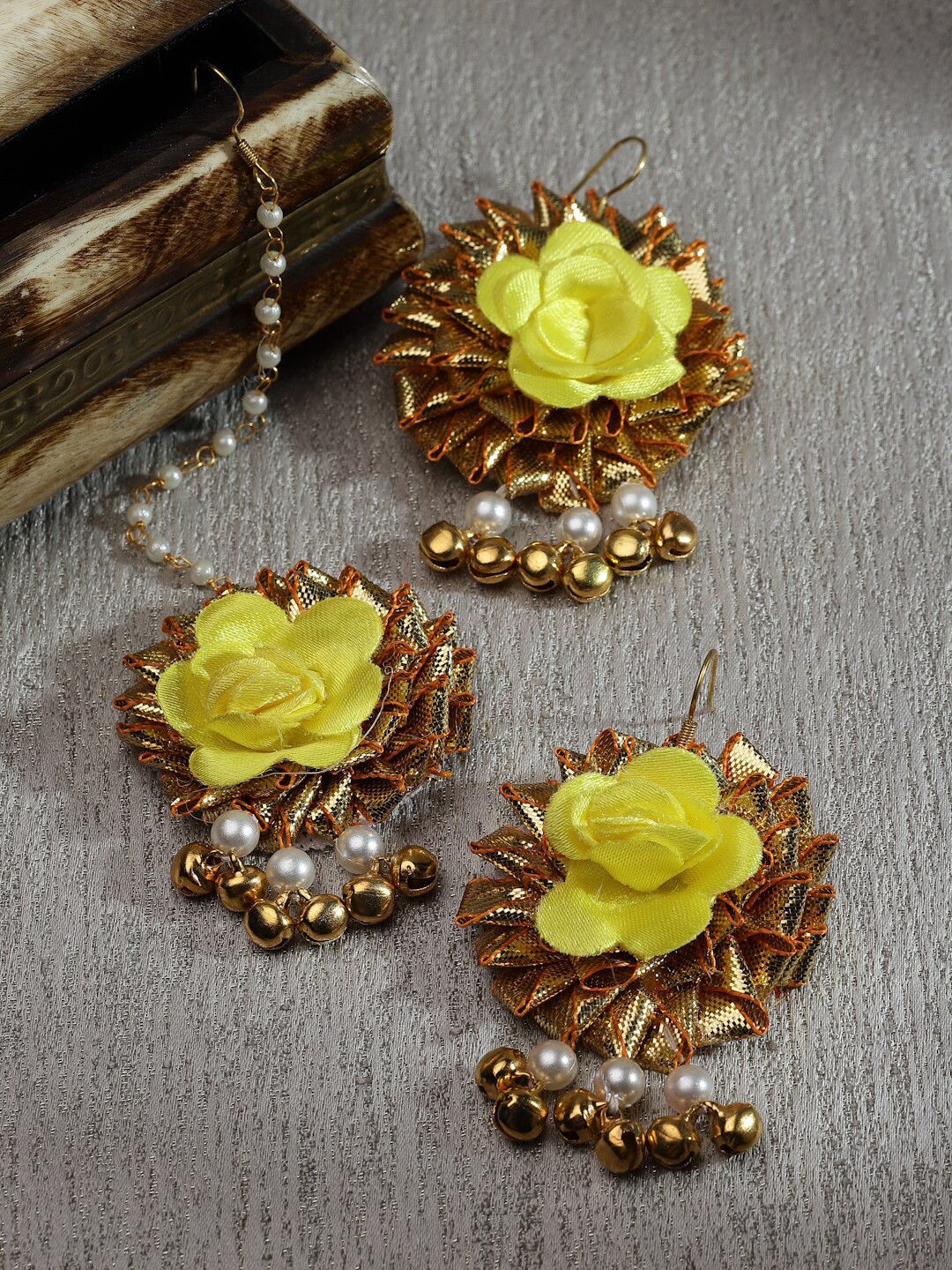 Kennice Gold-Plated Gota Patti Flower Haldi Mehandi Maang Tikka with Earrings
