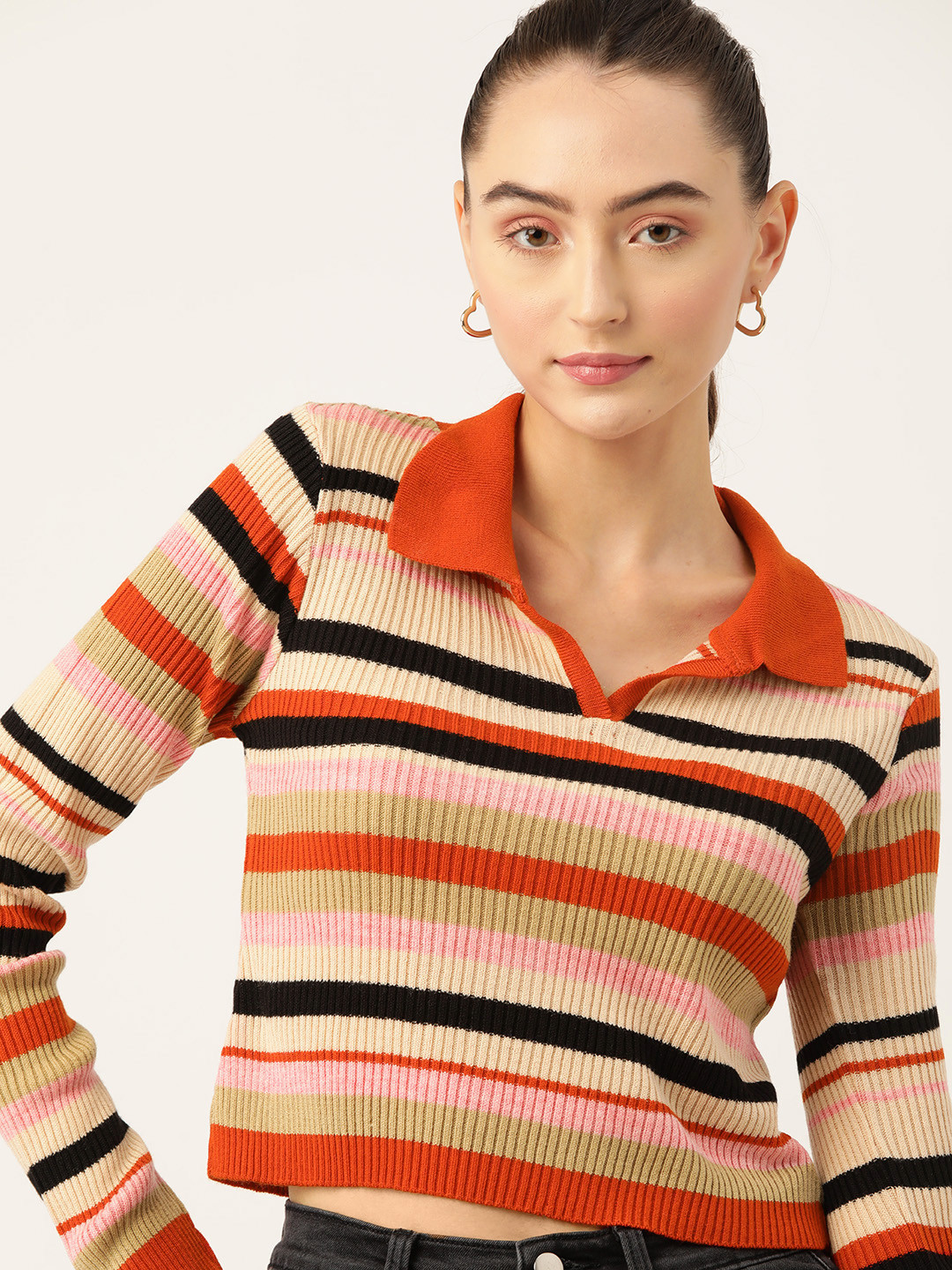 DressBerry Acrylic Shirt Collar Striped Pullover