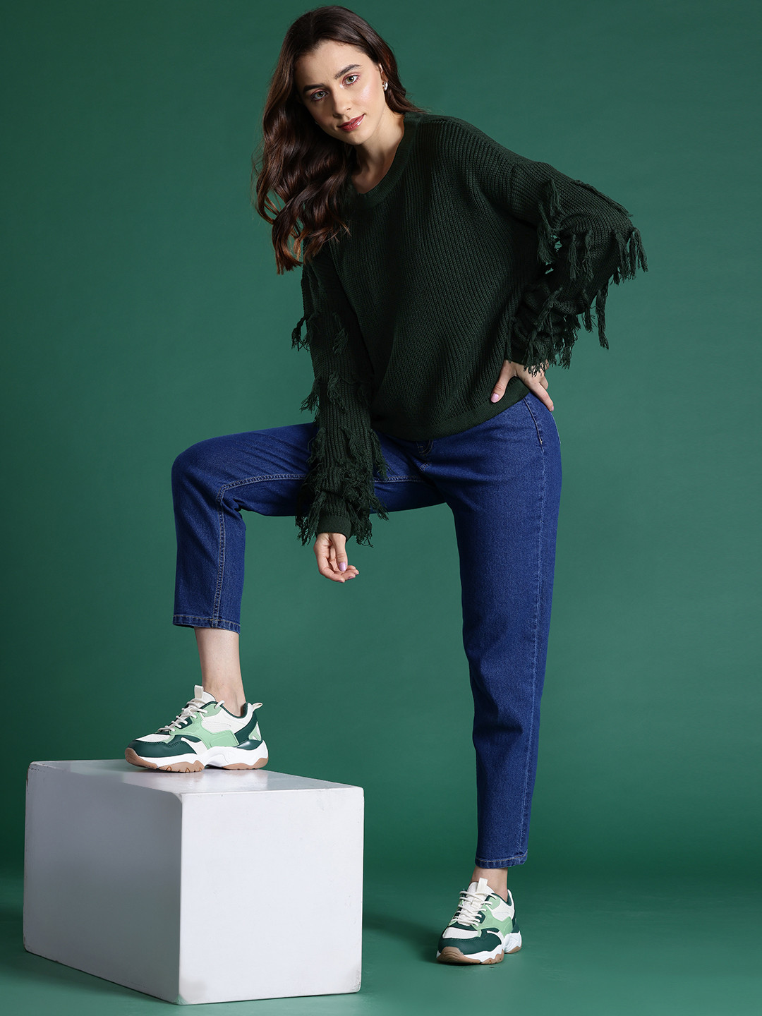 DressBerry Ribbed Acrylic Poncho with Fringed Detail