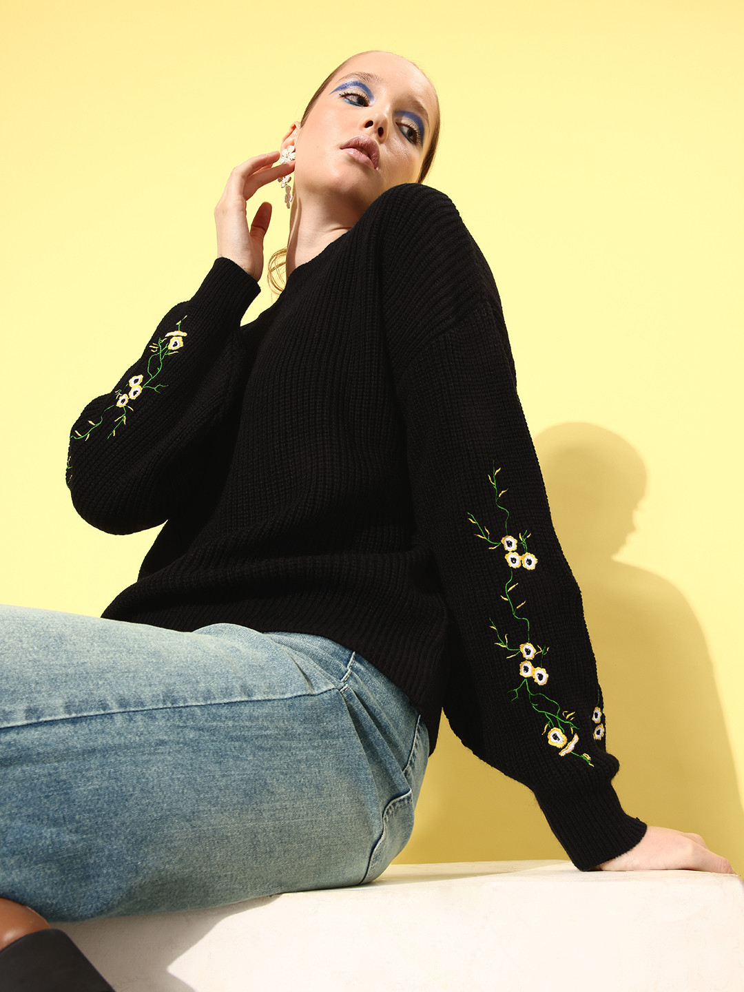 DressBerry Round Neck Pullover With Floral Embroidered Detail On Sleeves
