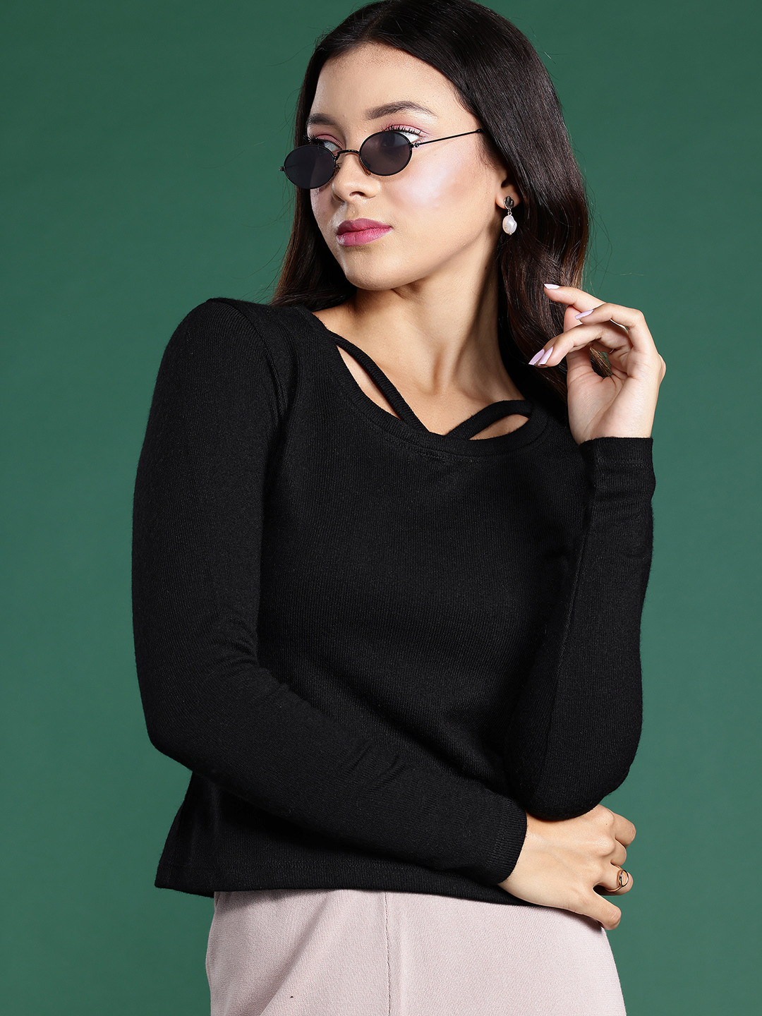 DressBerry Solid Stylized Neck Acrylic Pullover