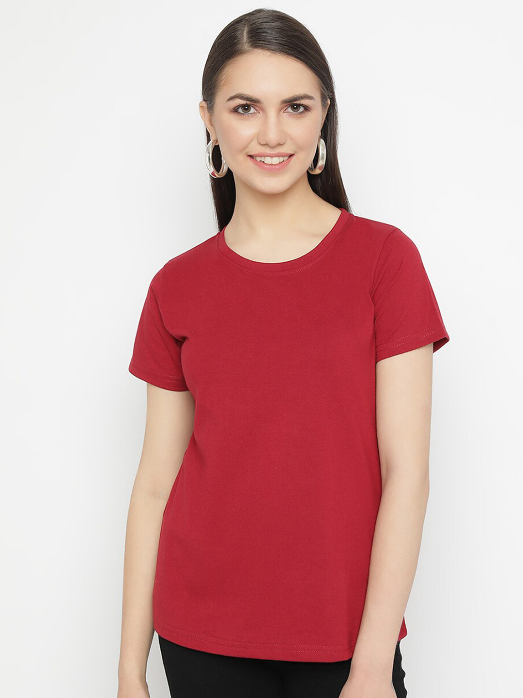 Maroon Round Neck Regular Fit Cotton T-shirt