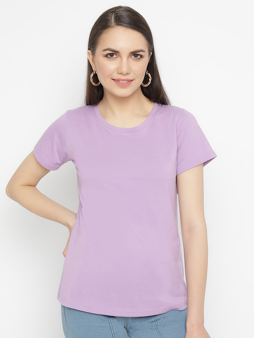 Lavender Round Neck Regular Fit Cotton T-shirt