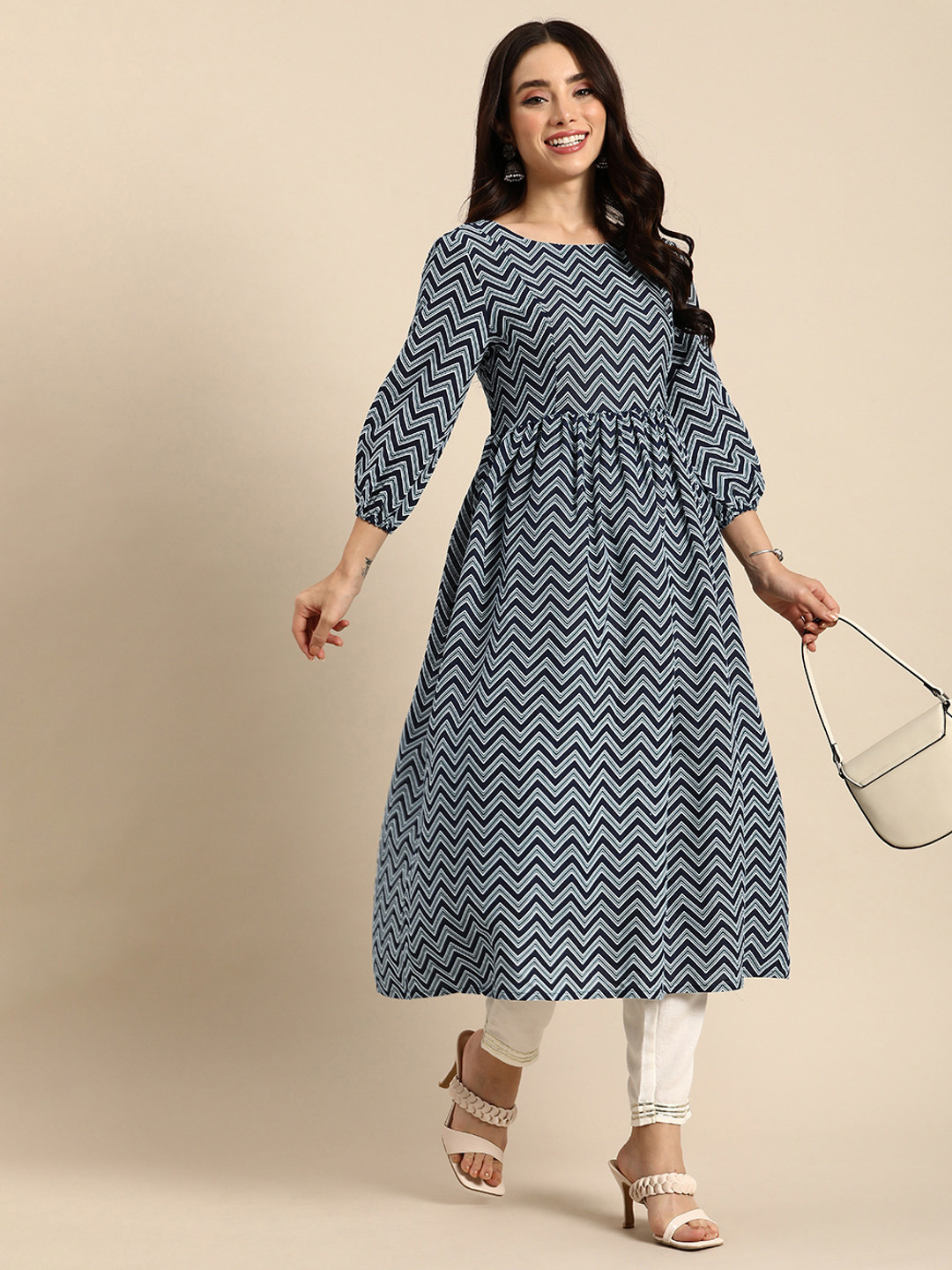 Anouk Chevron Printed Styled Back Smocked Detail A-Line Kurta