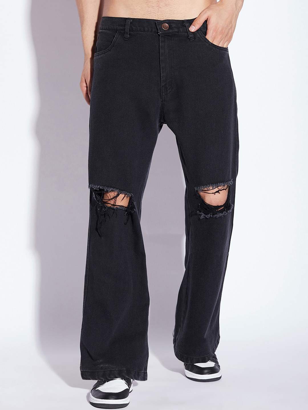 FUGAZEE Men Black Flared Slash Knee Stretchable Jeans