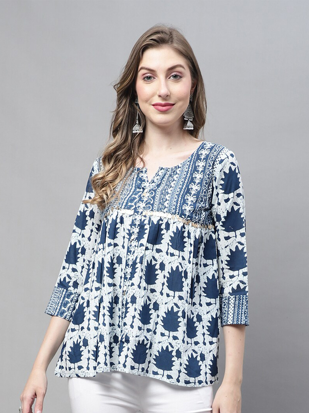 Roly Poly Floral Printed Indigo A-Line Pure Cotton Top