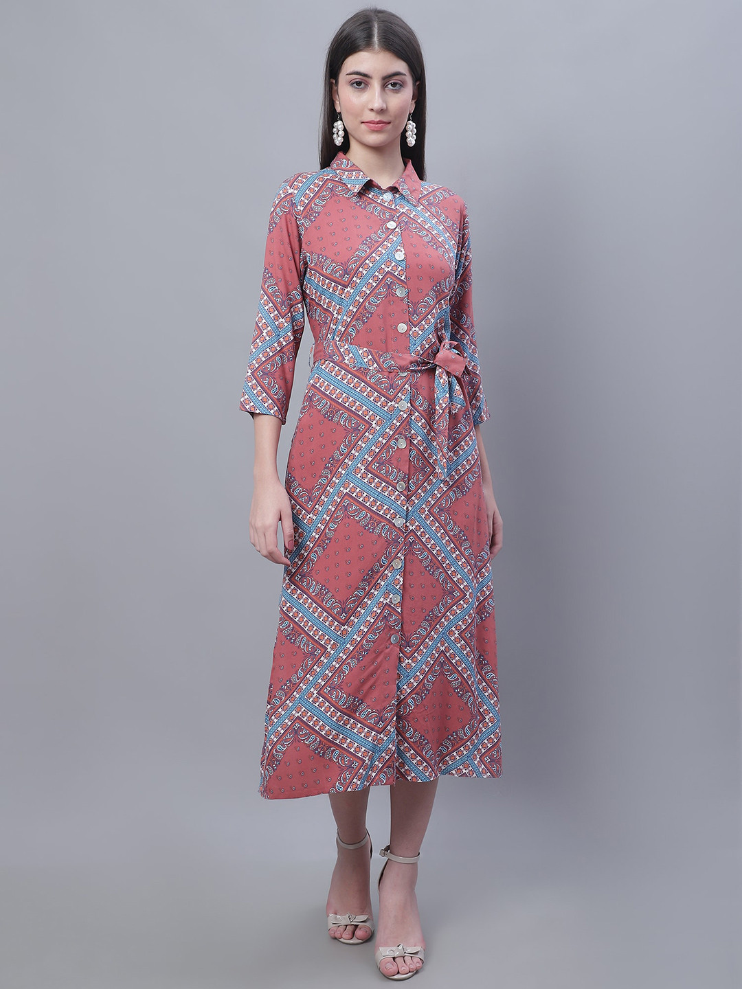 Cantabil Bandana Printed Shirt Midi Dress With Belt