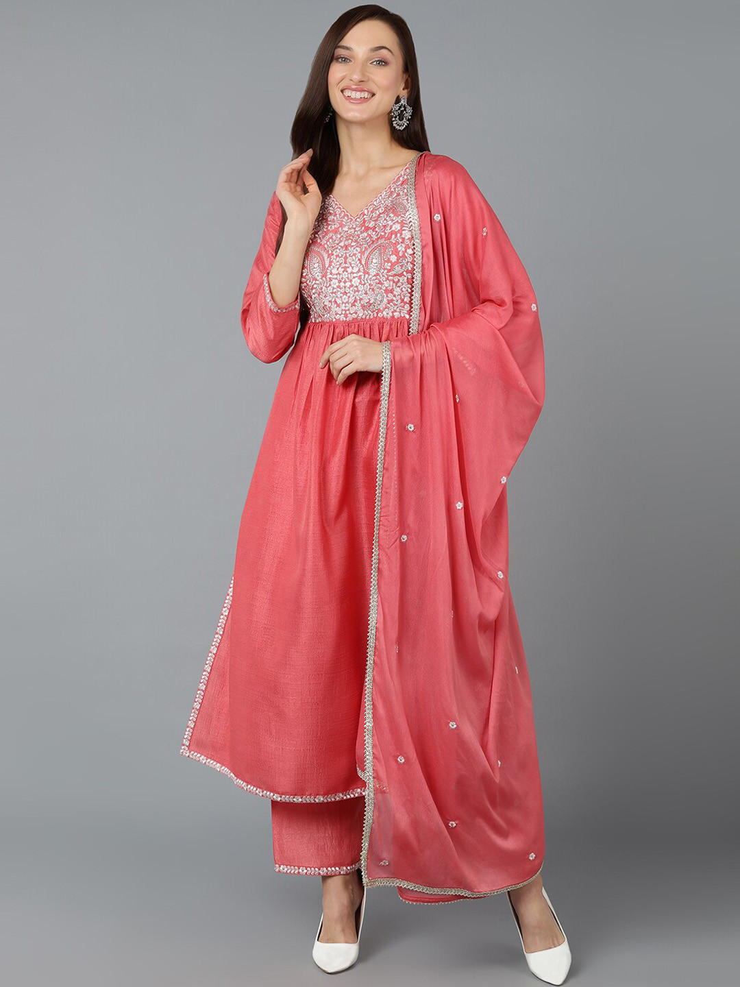 AHIKA Orange Ethnic Motifs Yoke Design Kurta With Trousers & Dupatta