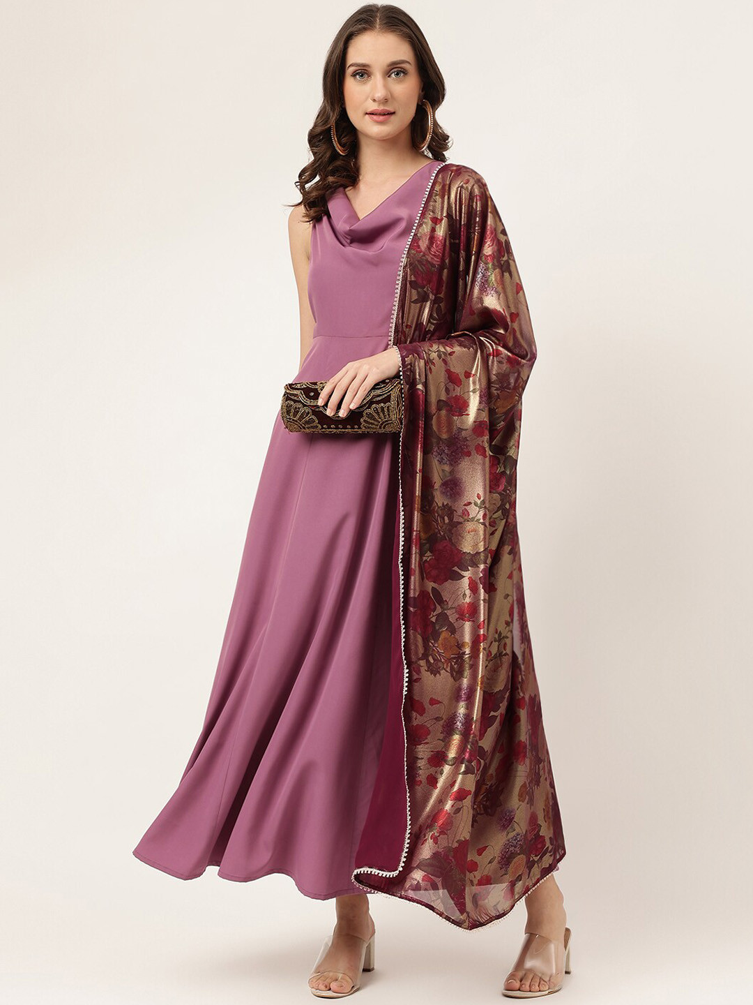 FIORRA Cowl Neck Fit & Flare Maxi Ethnic Dress