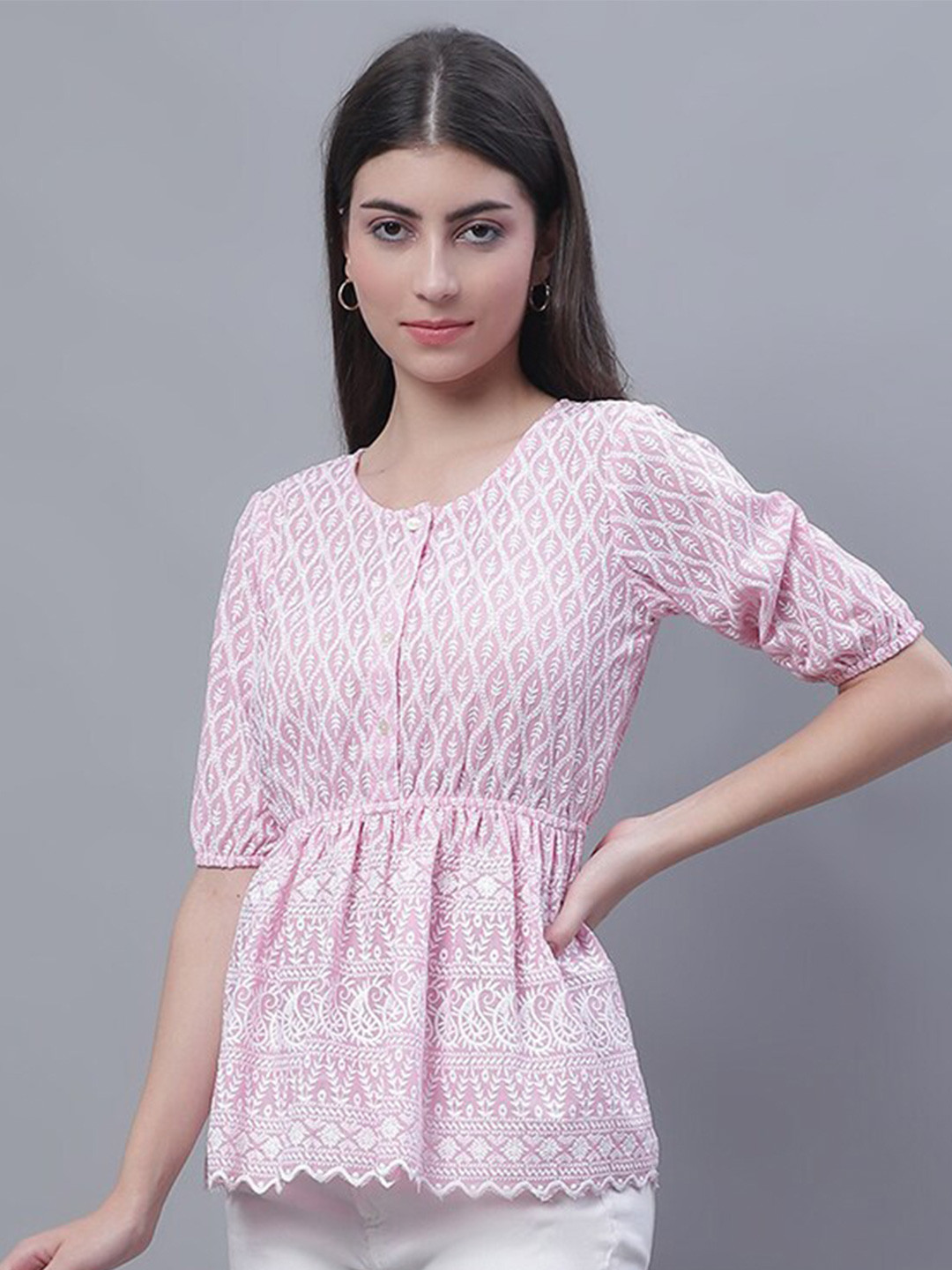 JAINISH Self Design Embroidered Puff Sleeves Pure Cotton Peplum Top