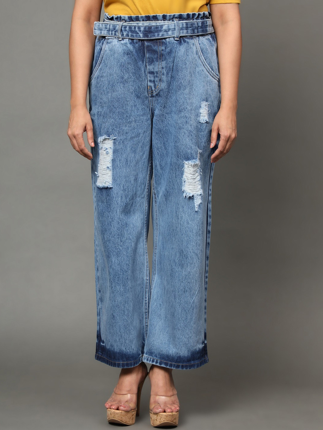 AngelFab Women High-Rise Light Fade Mildly Distressed Cotton Wide Leg Cropped Jeans