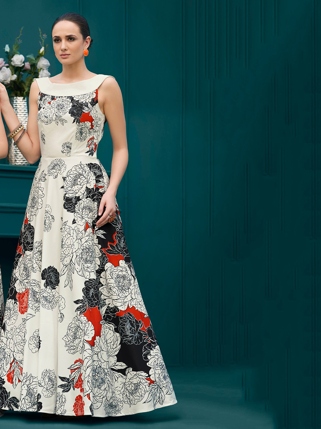 SAPTRANGI Floral Printed Sleeveless Flared Silk Ethnic Dresses