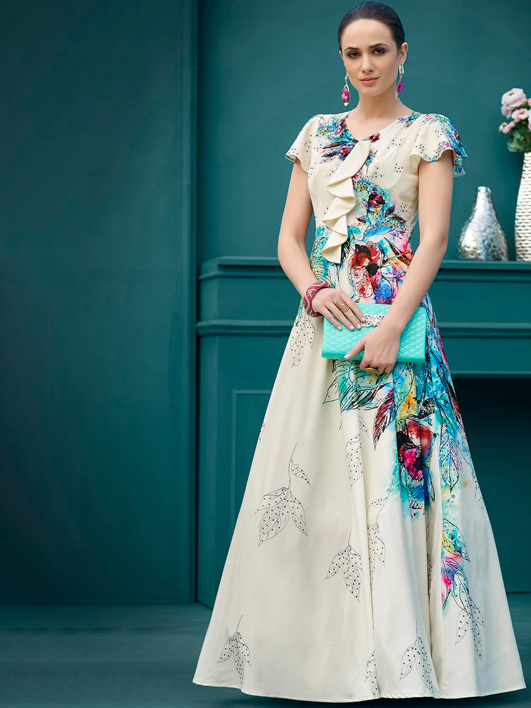 SAPTRANGI Floral Printed Cold Shoulder Gown Maxi Dress