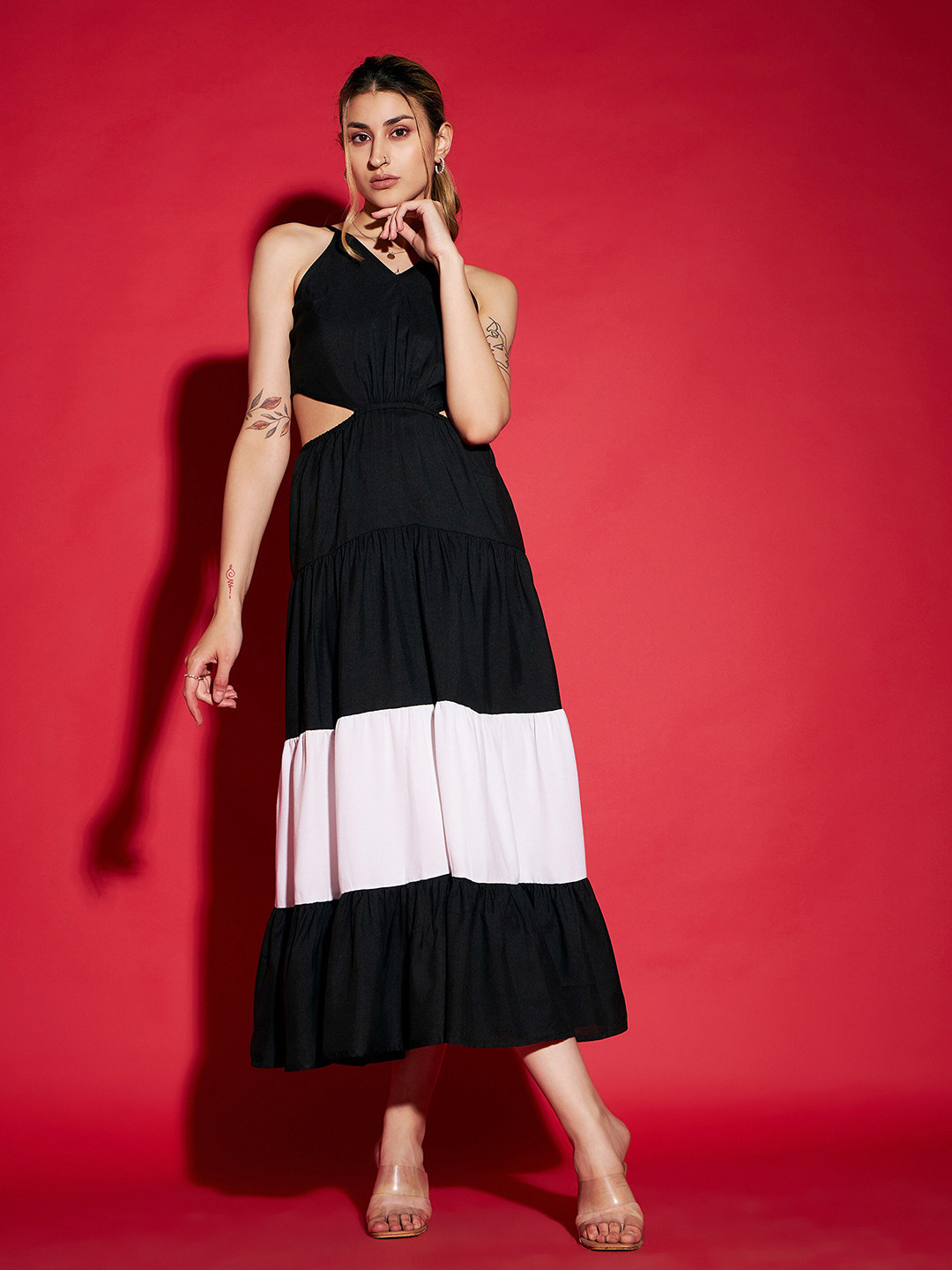 SASSAFRAS Black Colourblocked Cut Out Tiered Maxi Dress
