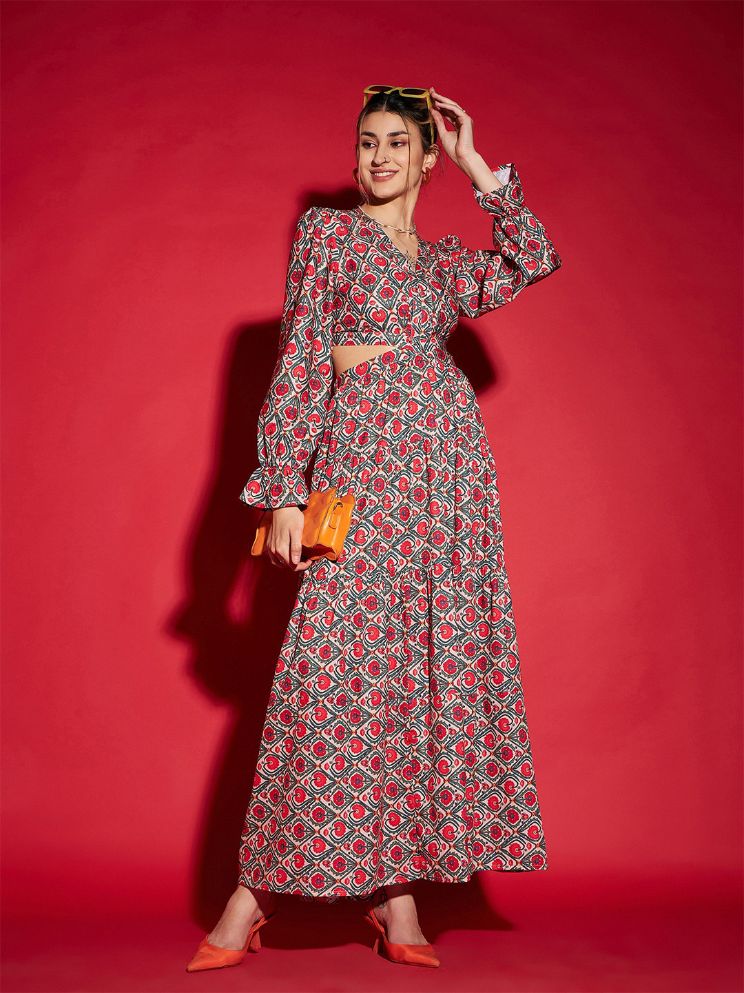 SASSAFRAS Red Floral Printed Cut Out Crepe Maxi Dress