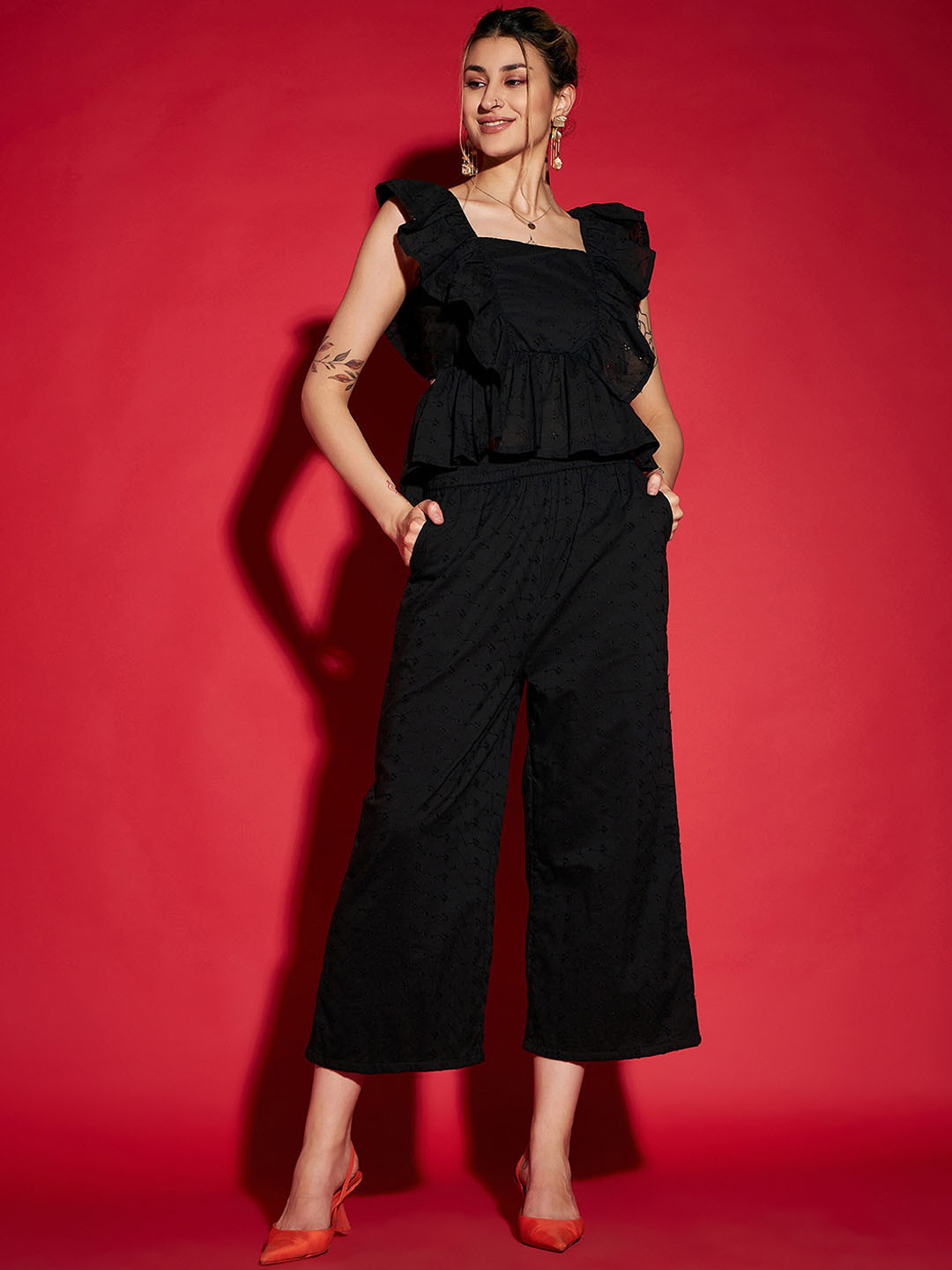 SASSAFRAS Black Schiffli Cotton Peplum Top With Palazzos Co-Ords