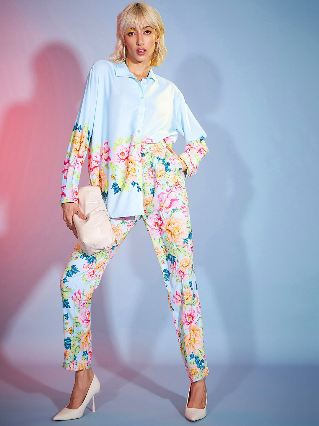 SASSAFRAS Turquoise Blue Floral Print Shirt With Tapered Trousers