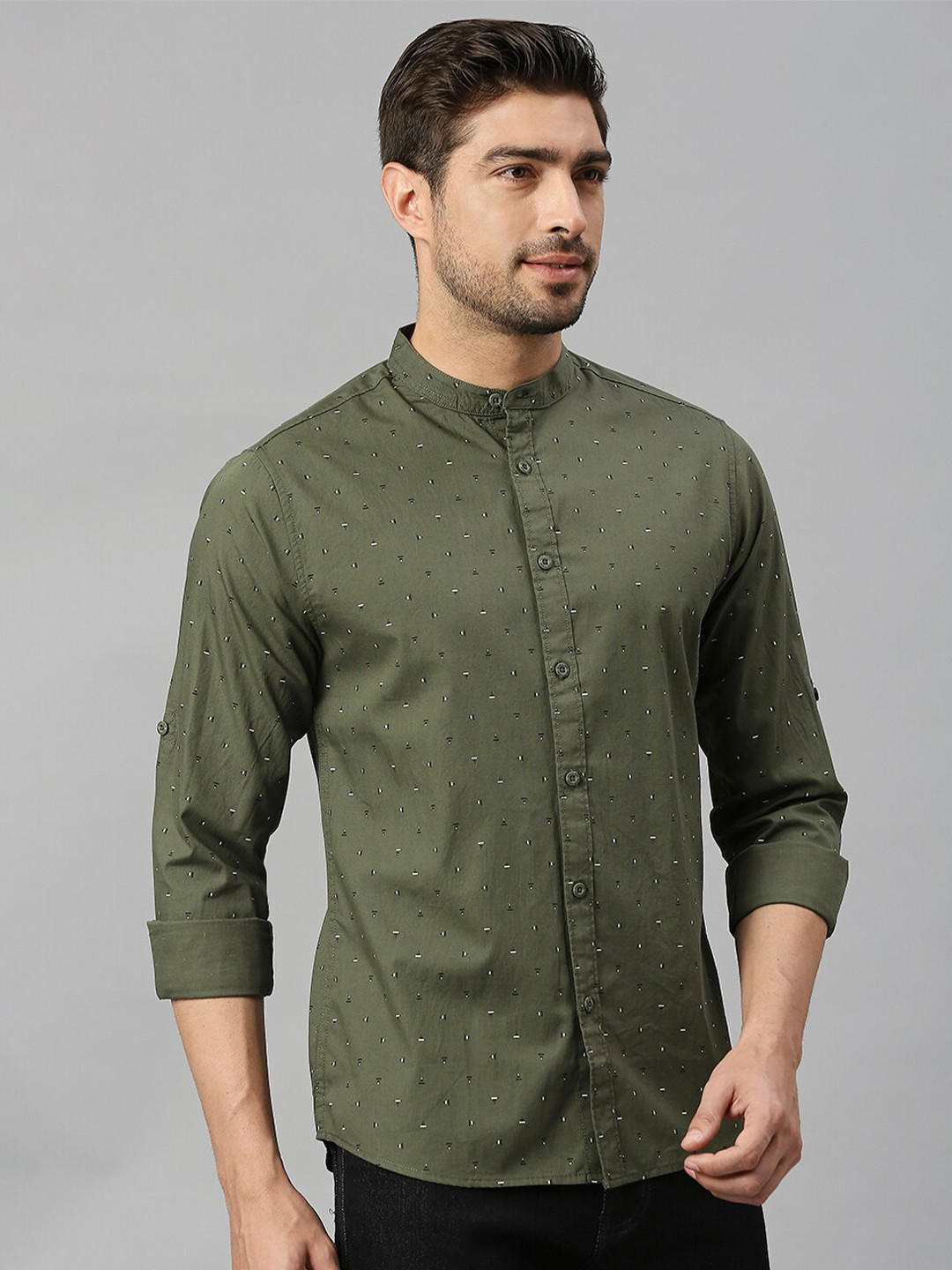 HERE&NOW Olive Green Classic Slim Fit Micro Ditsy Printed Pure Cotton Casual Shirt
