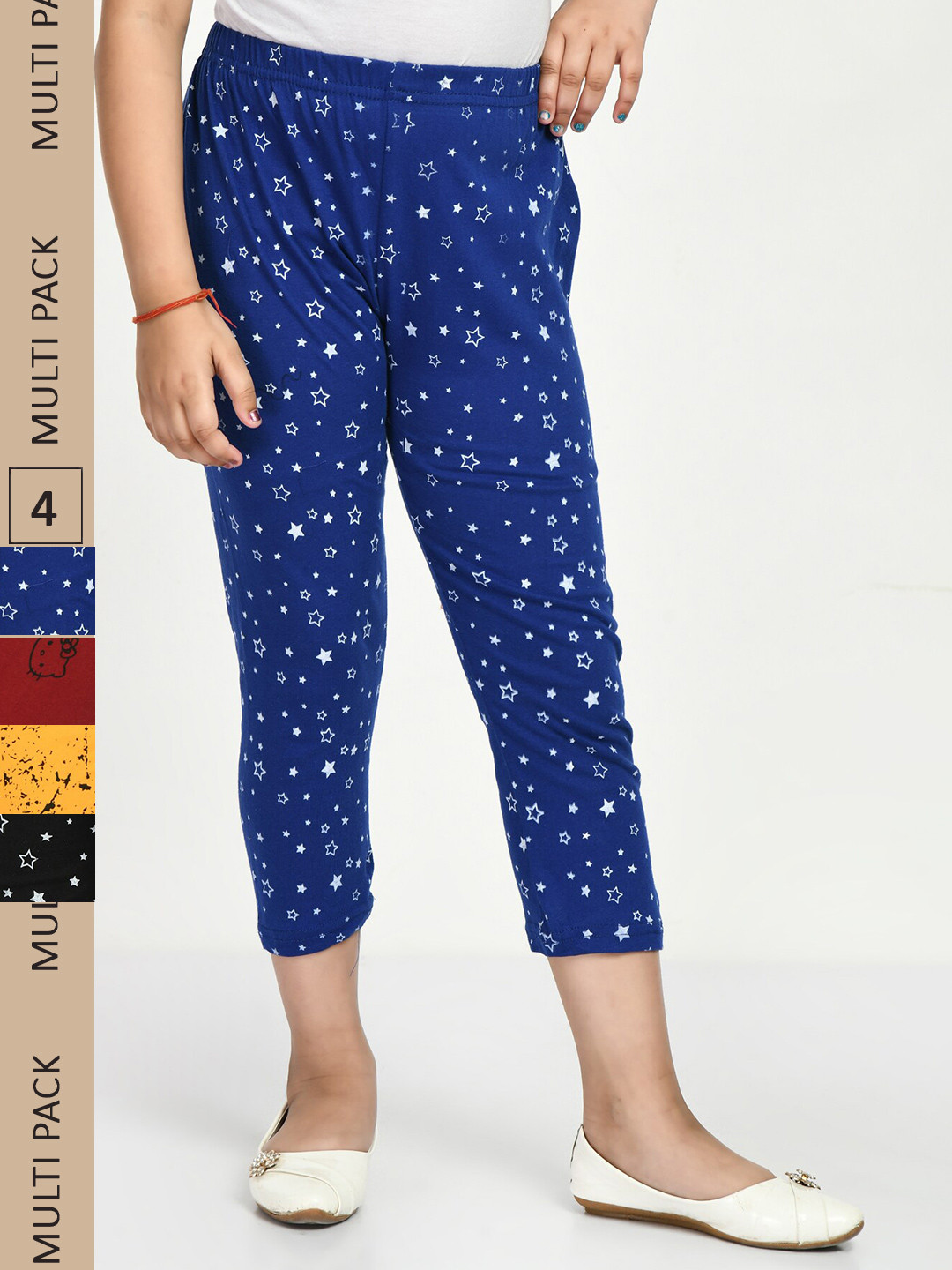 IndiWeaves Girls Pack Of 4 High-Rise Printed Pure Cotton Capris