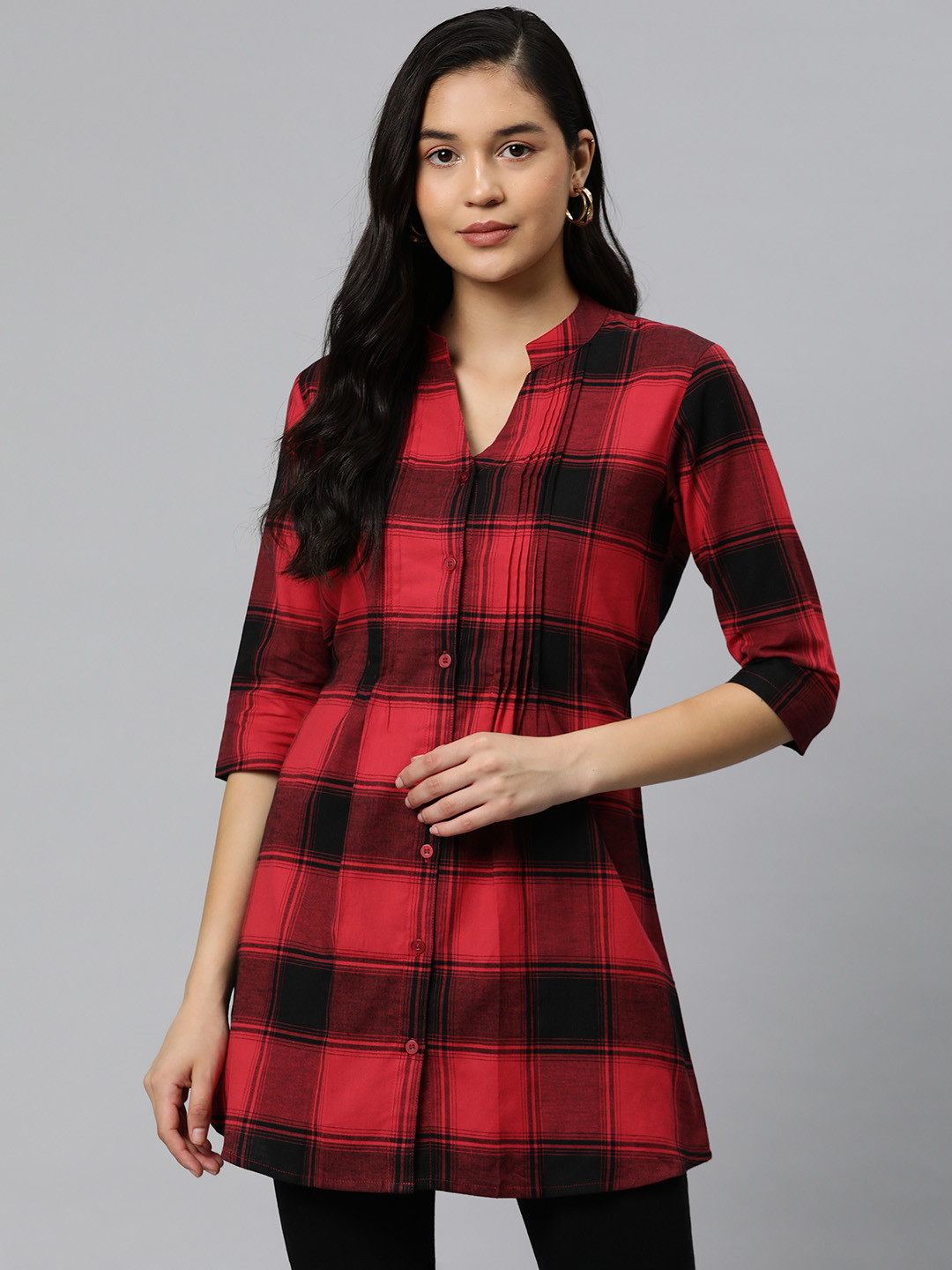 One Femme Mandarin Collar Checked Tunic