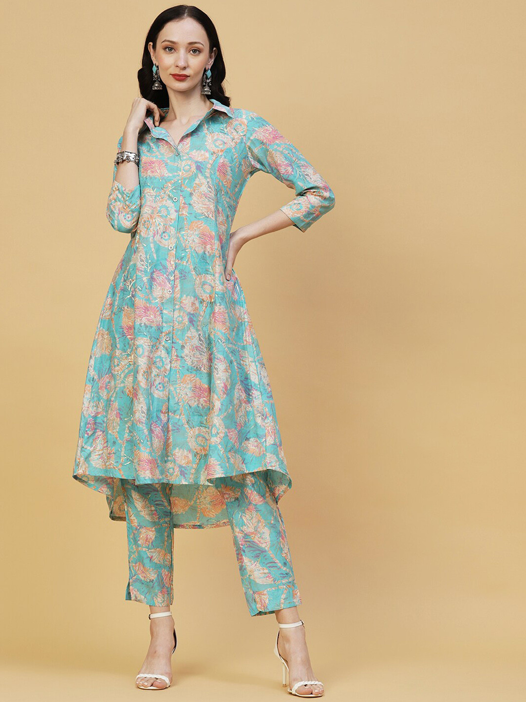 FASHOR Turquoise Blue Floral Printed Shirt Collar A-Line Kurta with Trousers