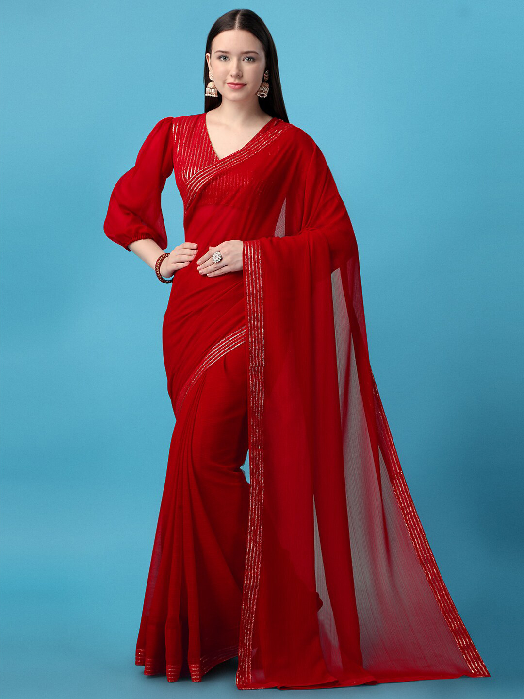 BAPS Red & Gold-Toned Sequin Embellished Pure Georgette Saree