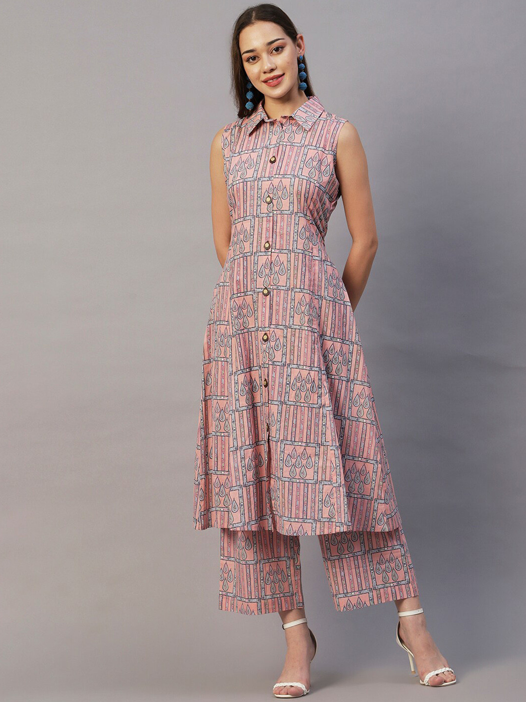 FASHOR Pink & Grey Ethnic Printed Shirt Collar A-Line Pure Cotton Kurta with Palazzos