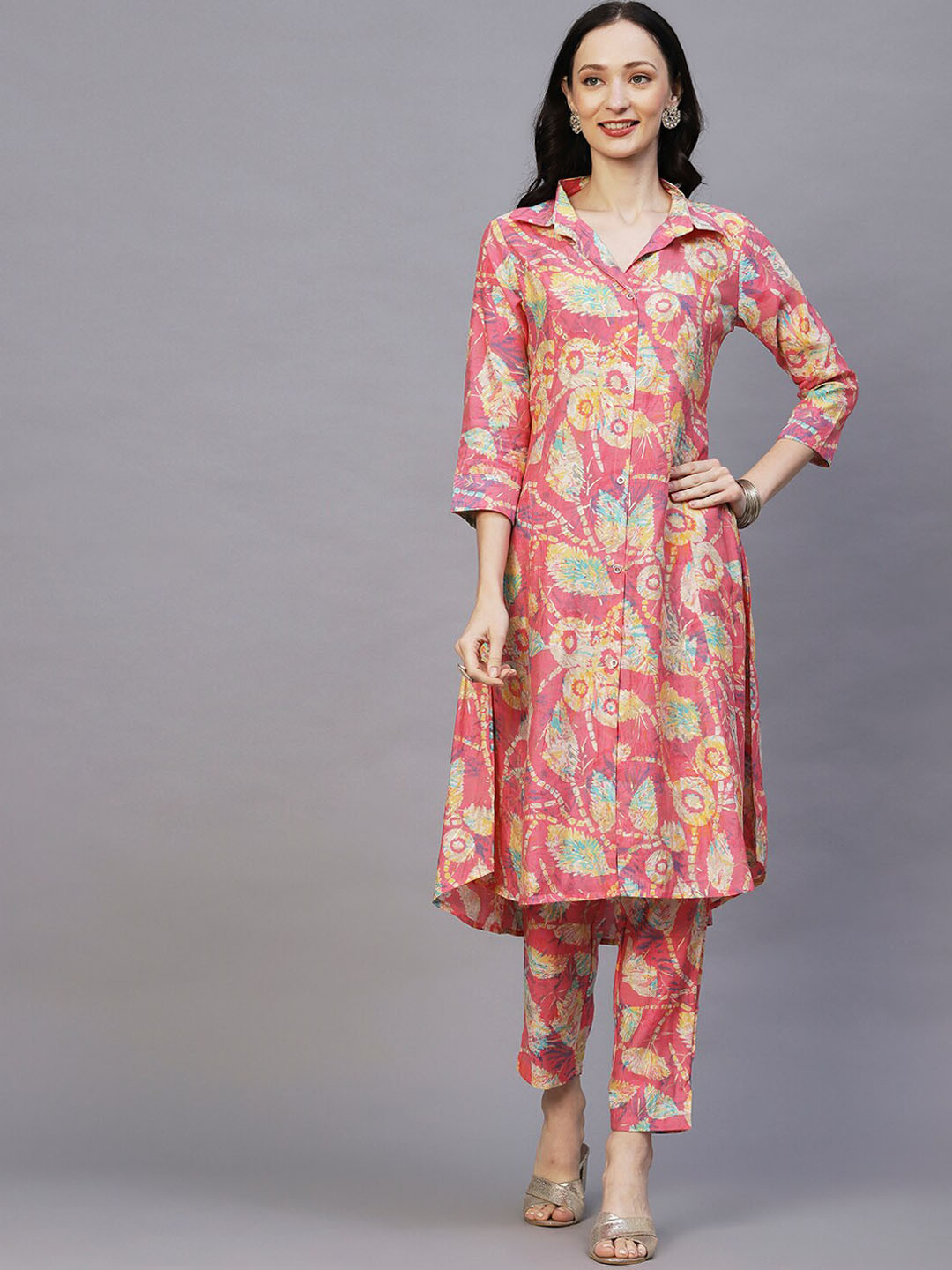 FASHOR Pink & Yellow Floral Printed Shirt Collar A-Line Kurta with Trousers