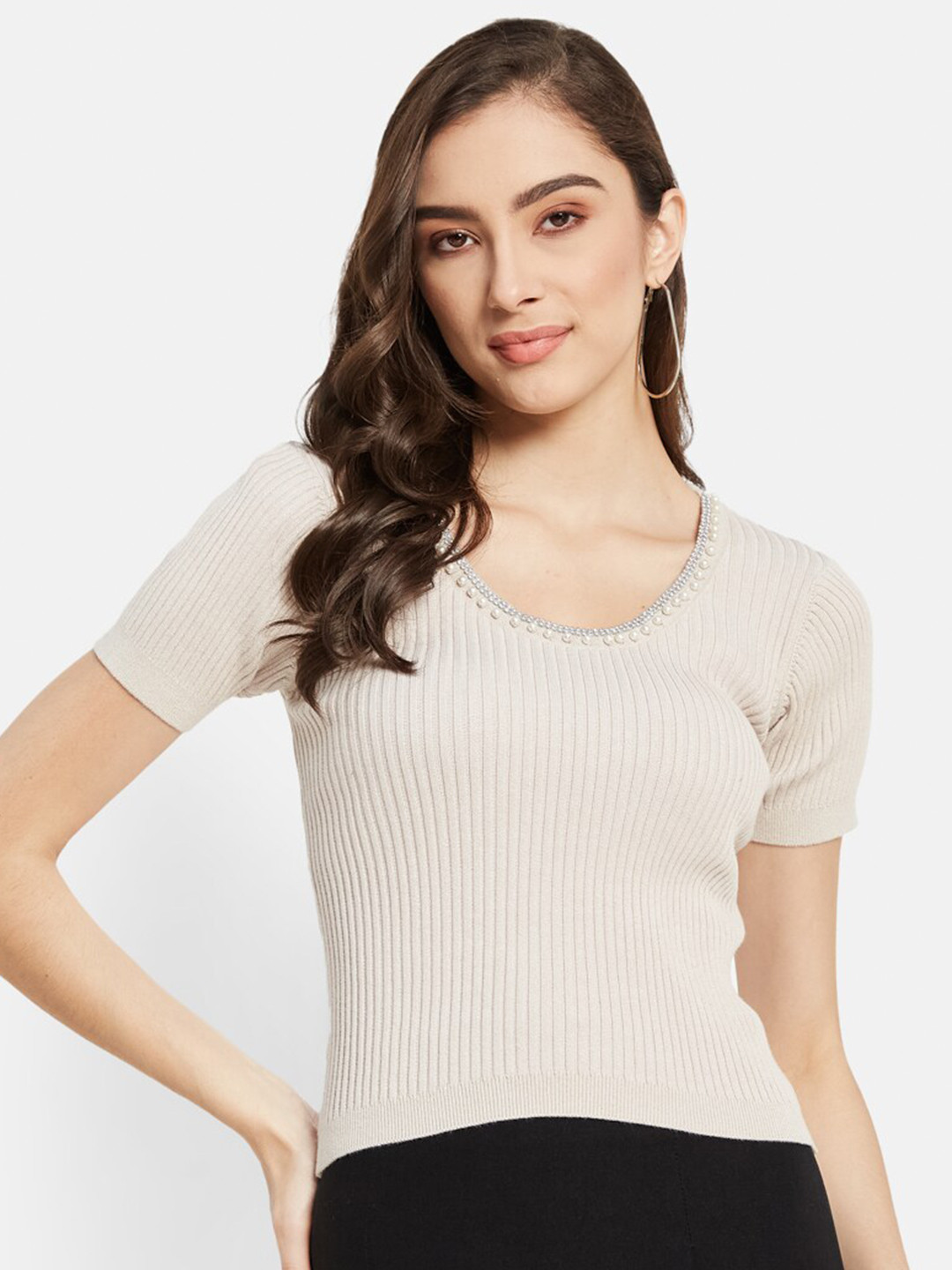 METTLE Self Design Scoop Neck Cotton Embellished Crop T-shirt