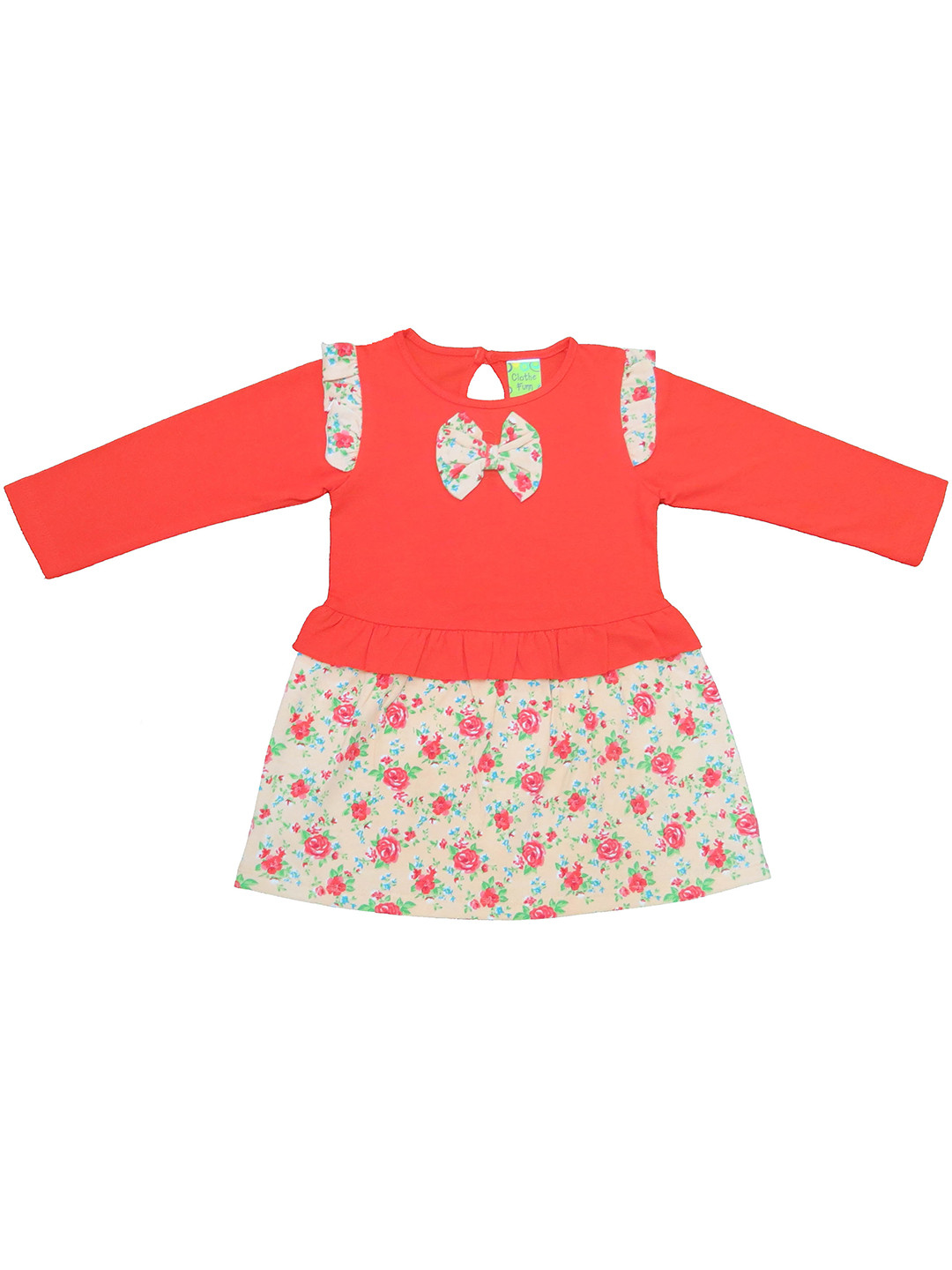 Clothe Funn Girls Floral Printed Bow Detail Cotton Peplum Dress